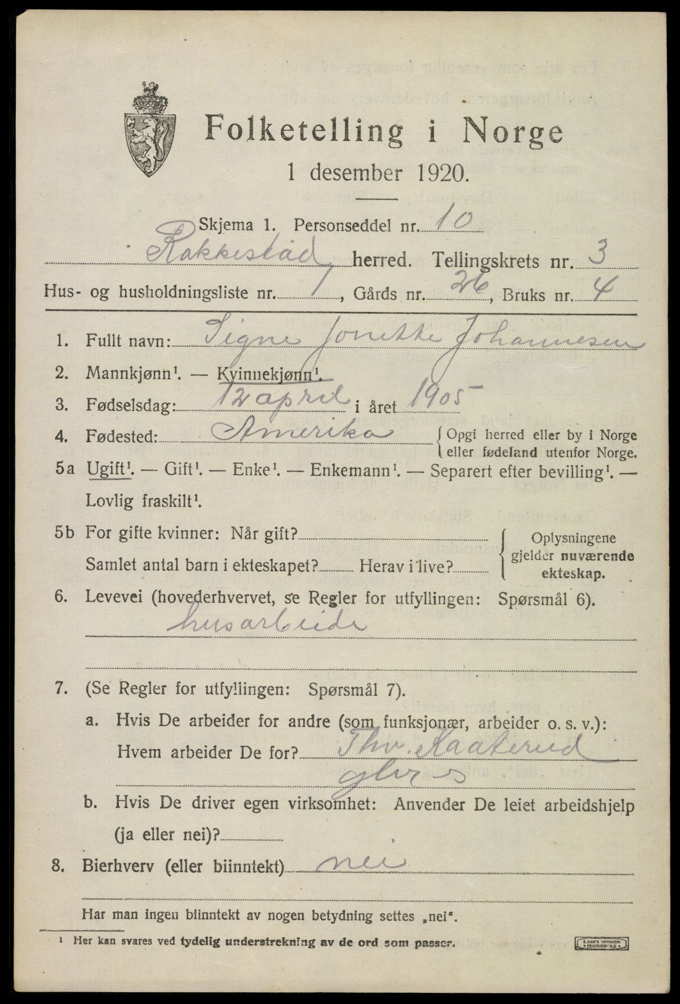 SAO, 1920 census for Rakkestad, 1920, p. 4443