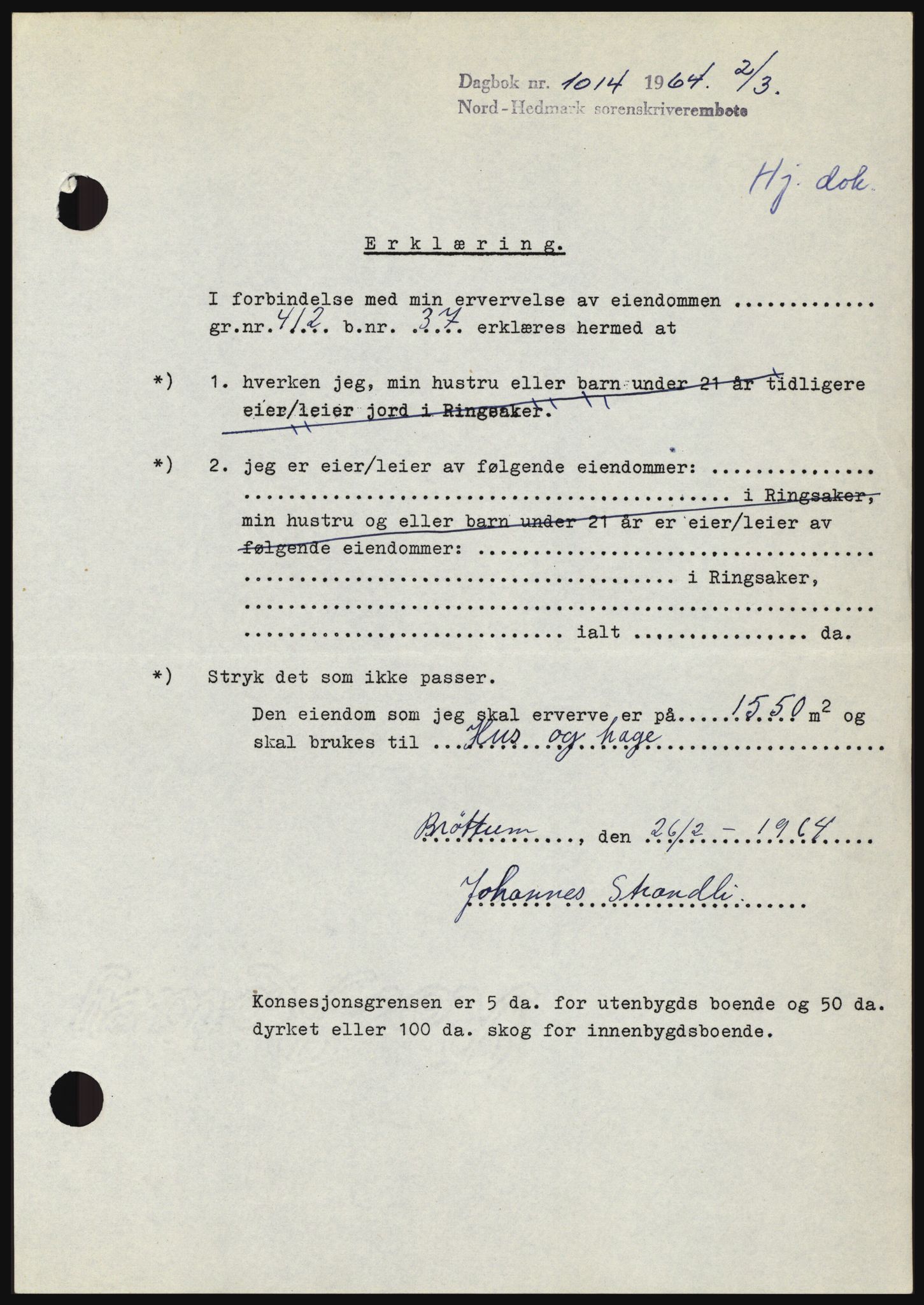 Nord-Hedmark sorenskriveri, SAH/TING-012/H/Hc/L0019: Mortgage book no. 19, 1963-1964, Diary no: : 1014/1964