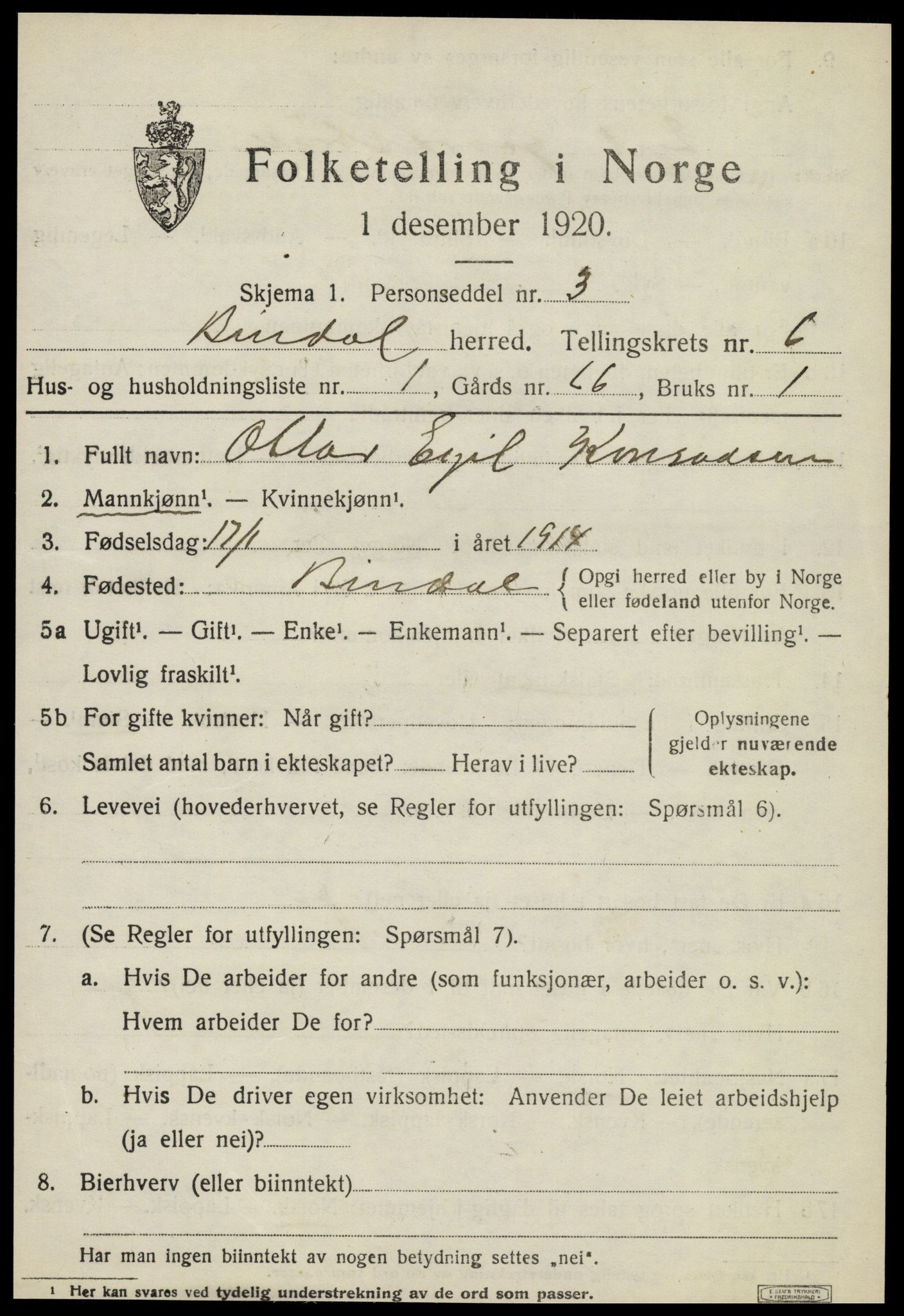 SAT, 1920 census for Bindal, 1920, p. 4761