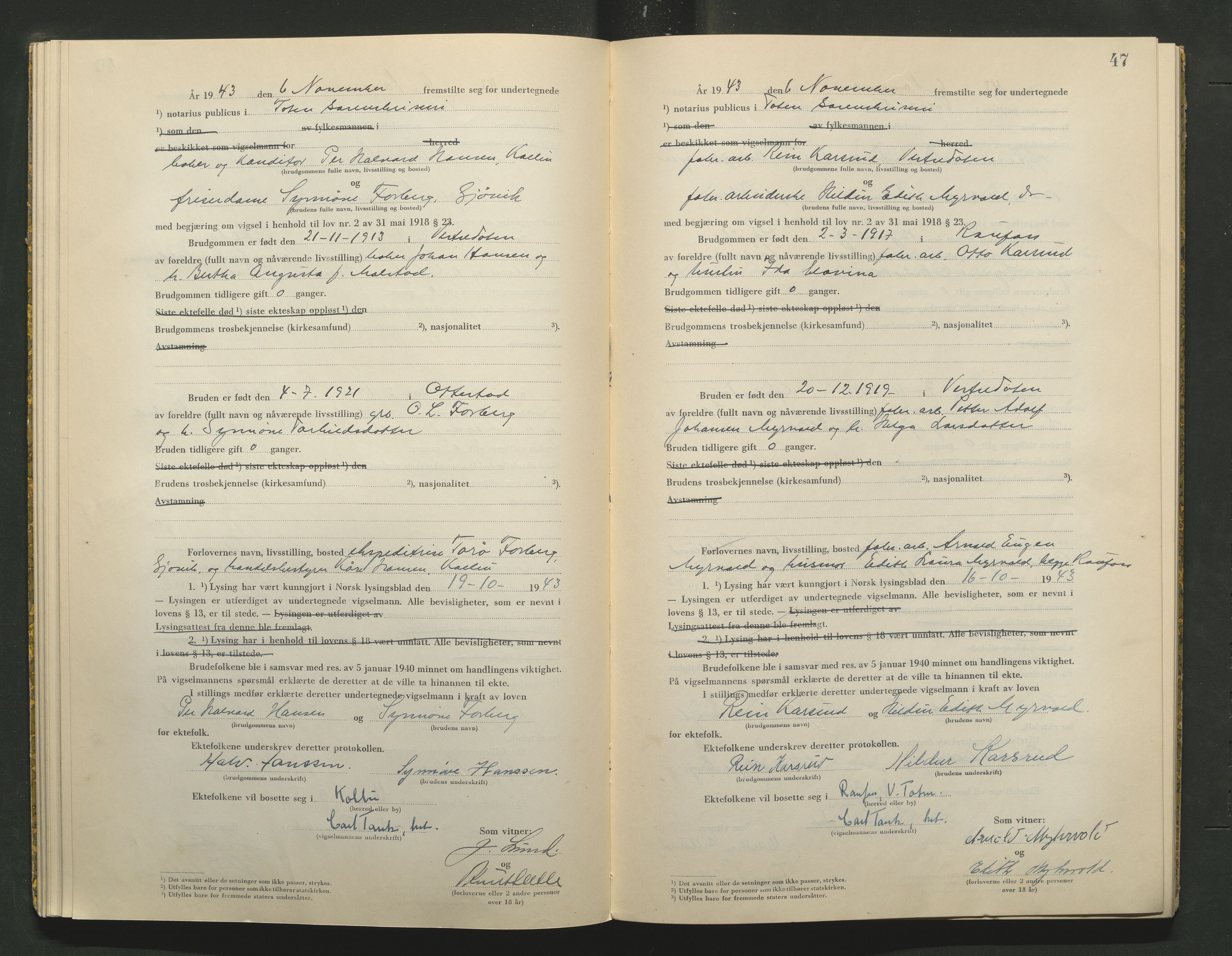 Toten tingrett, AV/SAH-TING-006/L/Lc/L0003: Vigselbok, 1943-1944, p. 47