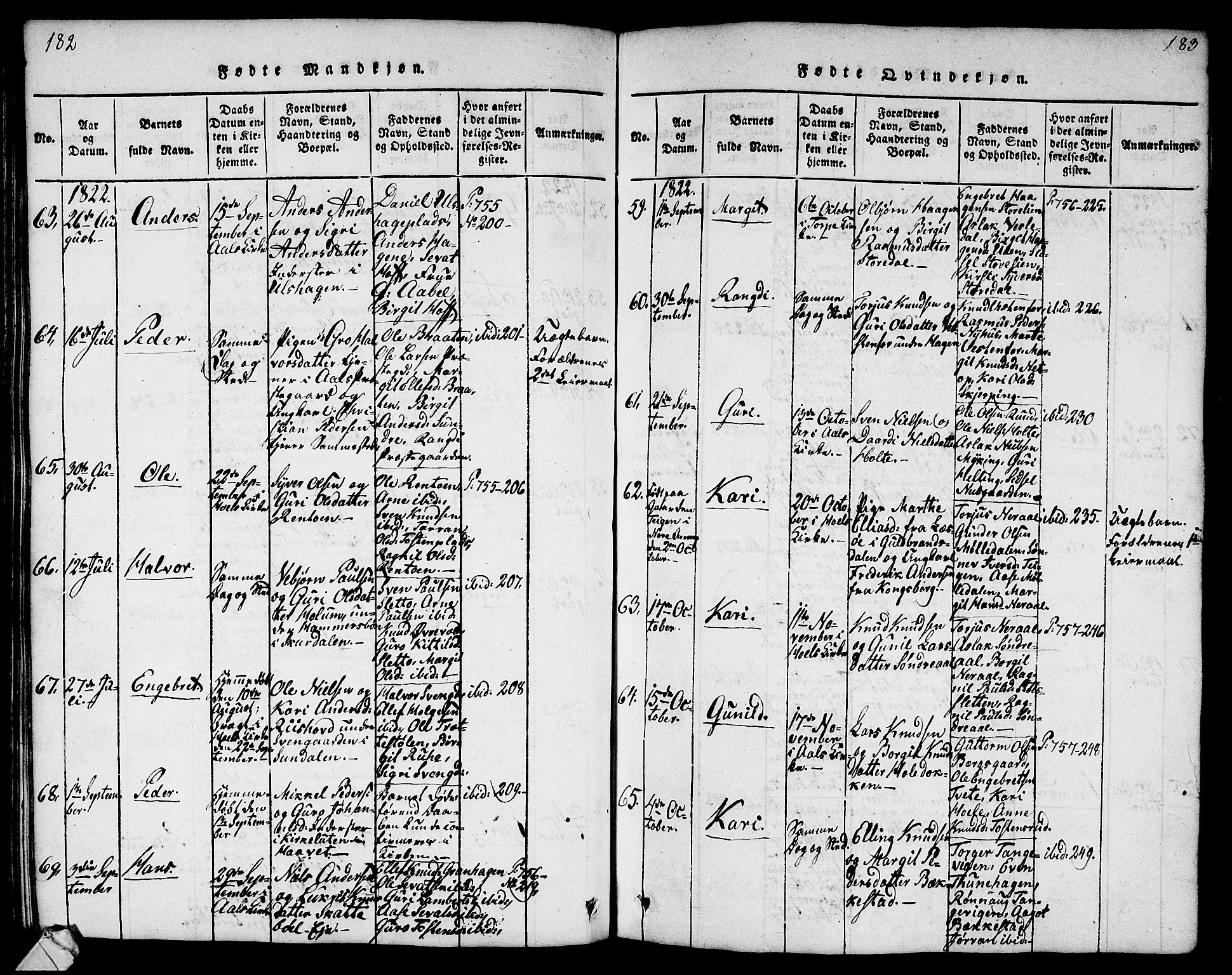 Ål kirkebøker, AV/SAKO-A-249/G/Ga/L0001: Parish register (copy) no. 1, 1815-1829, p. 182-183