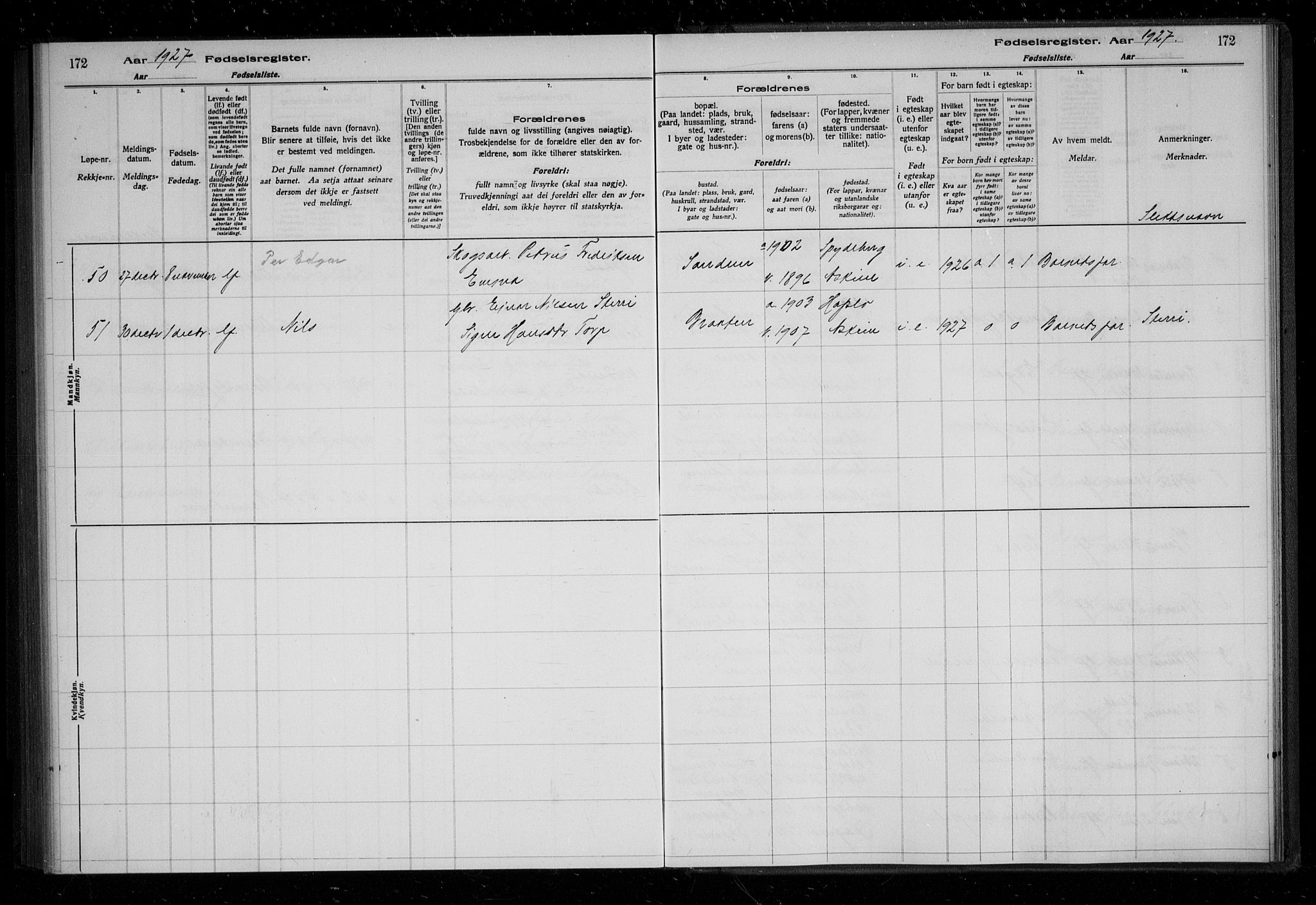 Askim prestekontor Kirkebøker, AV/SAO-A-10900/J/Ja/L0001: Birth register no. 1, 1916-1929, p. 172