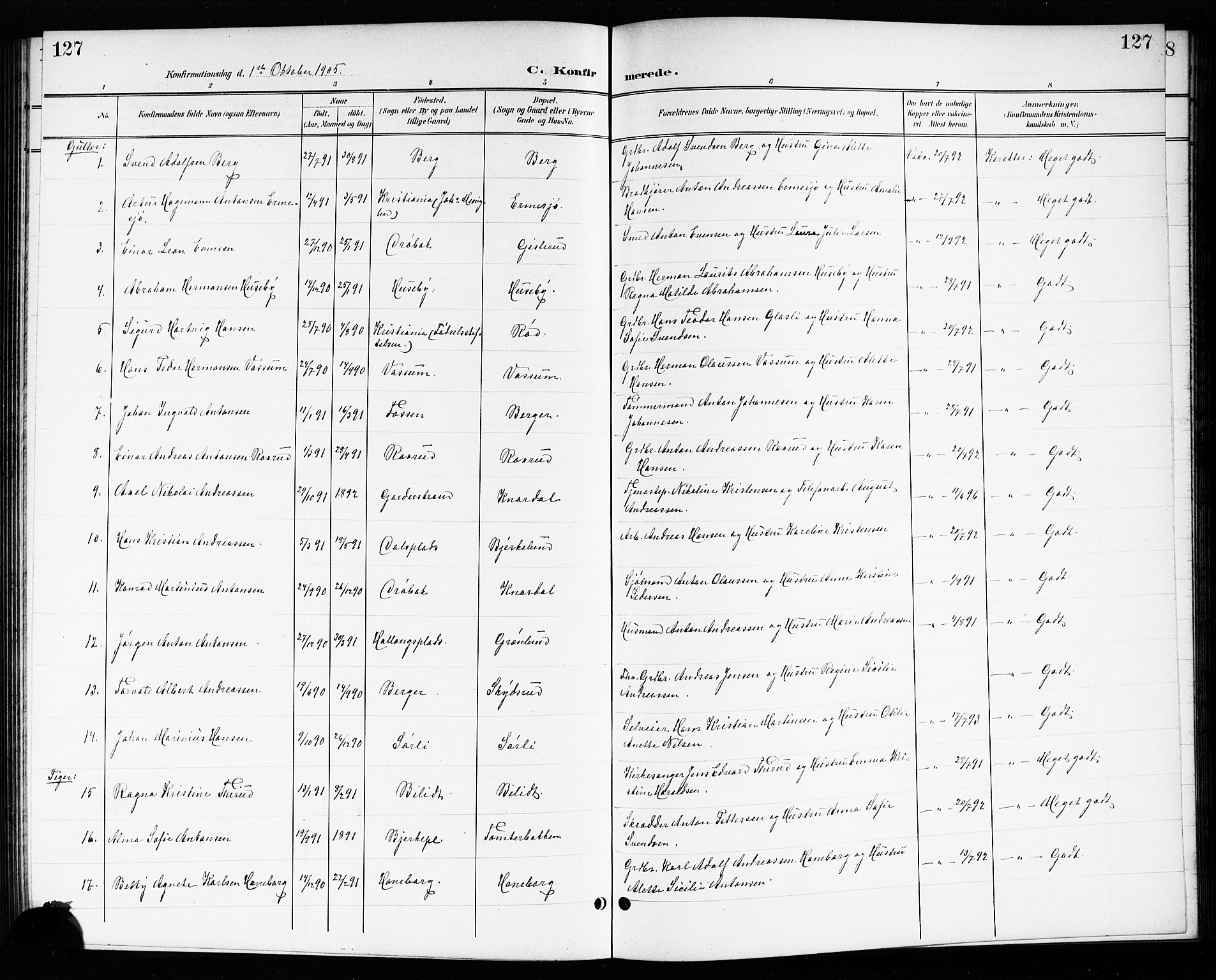 Drøbak prestekontor Kirkebøker, SAO/A-10142a/G/Gb/L0001: Parish register (copy) no. II 1, 1901-1919, p. 127