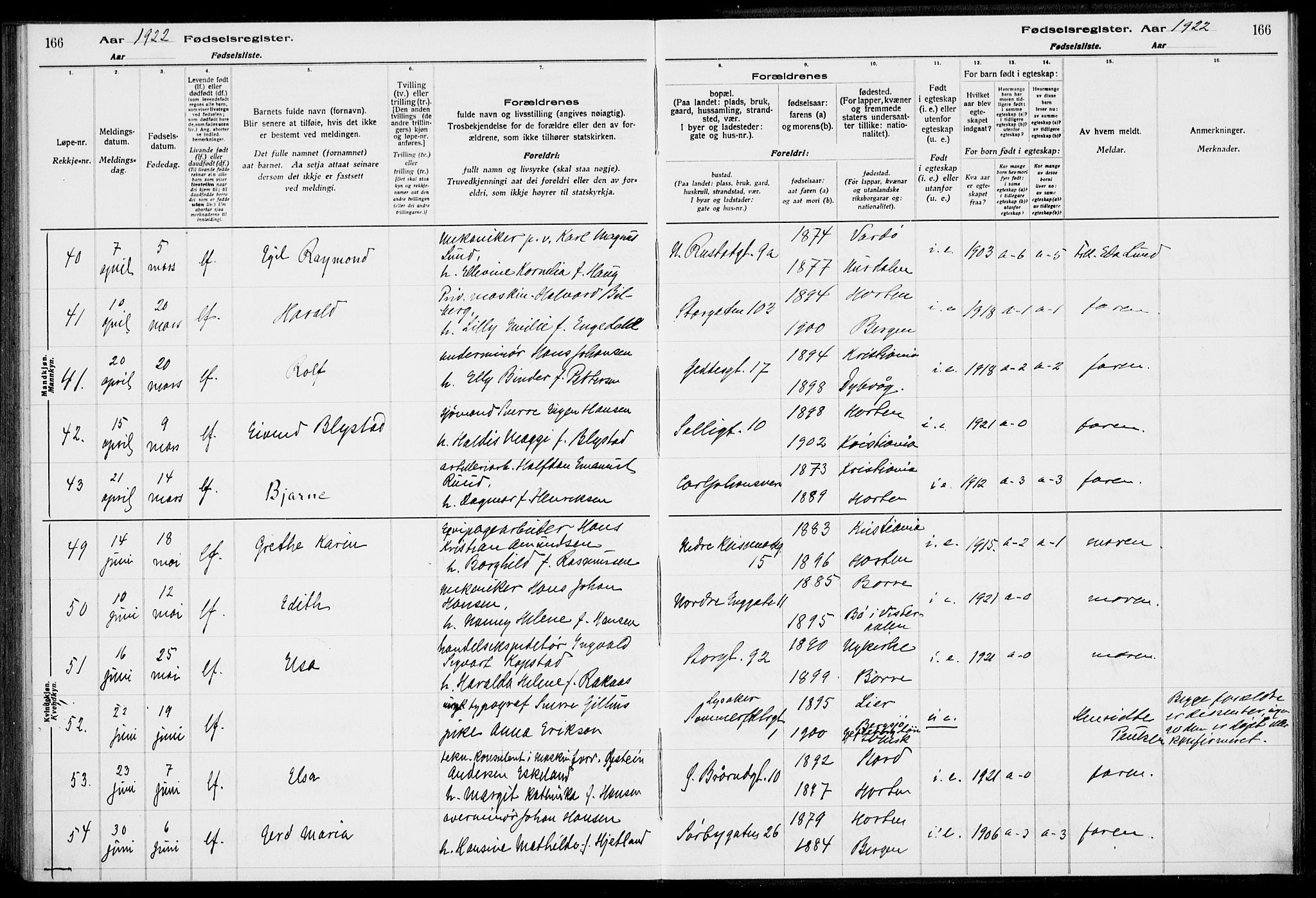 Horten kirkebøker, AV/SAKO-A-348/J/Ja/L0001: Birth register no. 1, 1916-1923, p. 166