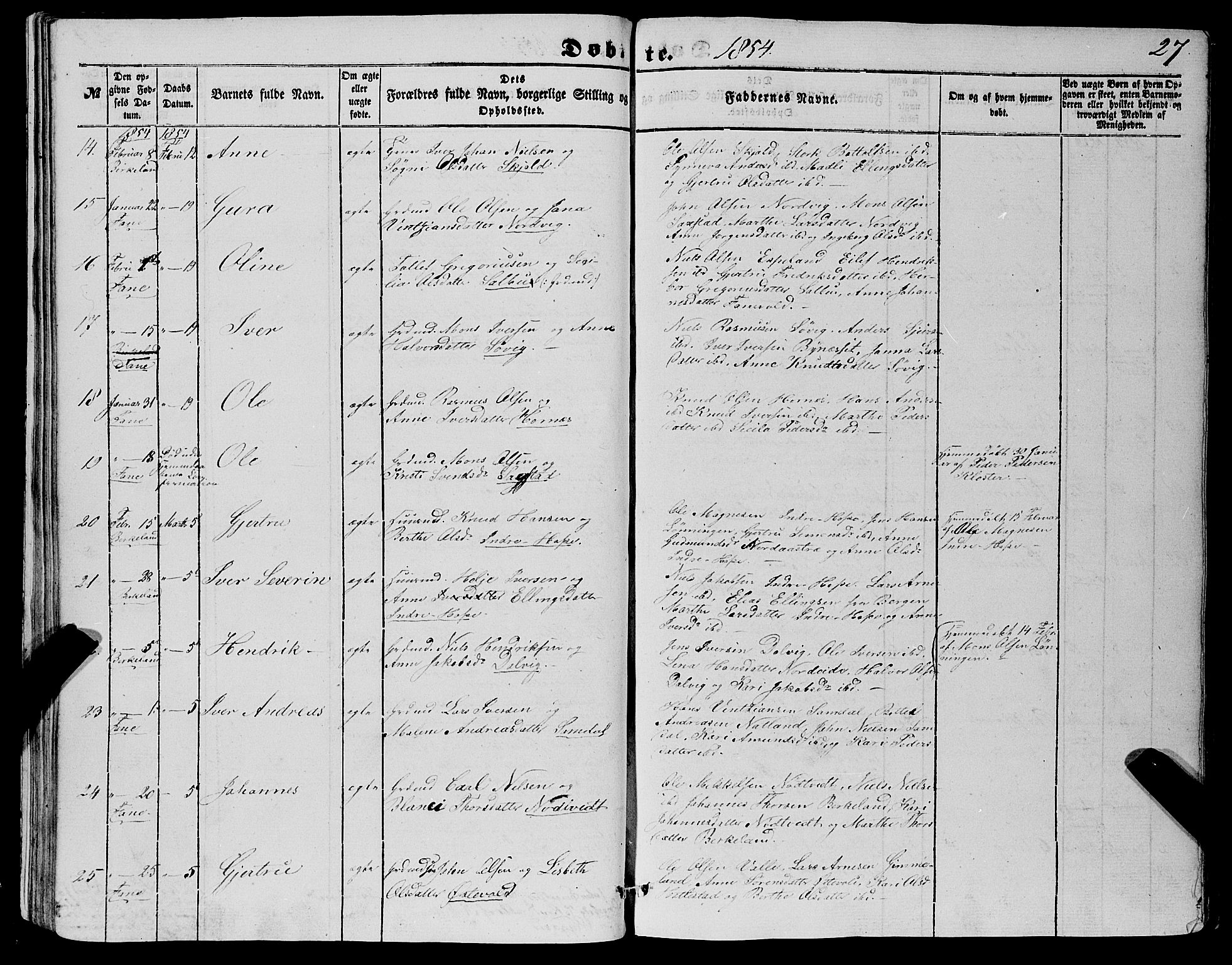 Fana Sokneprestembete, AV/SAB-A-75101/H/Haa/Haaa/L0011: Parish register (official) no. A 11, 1851-1862, p. 27