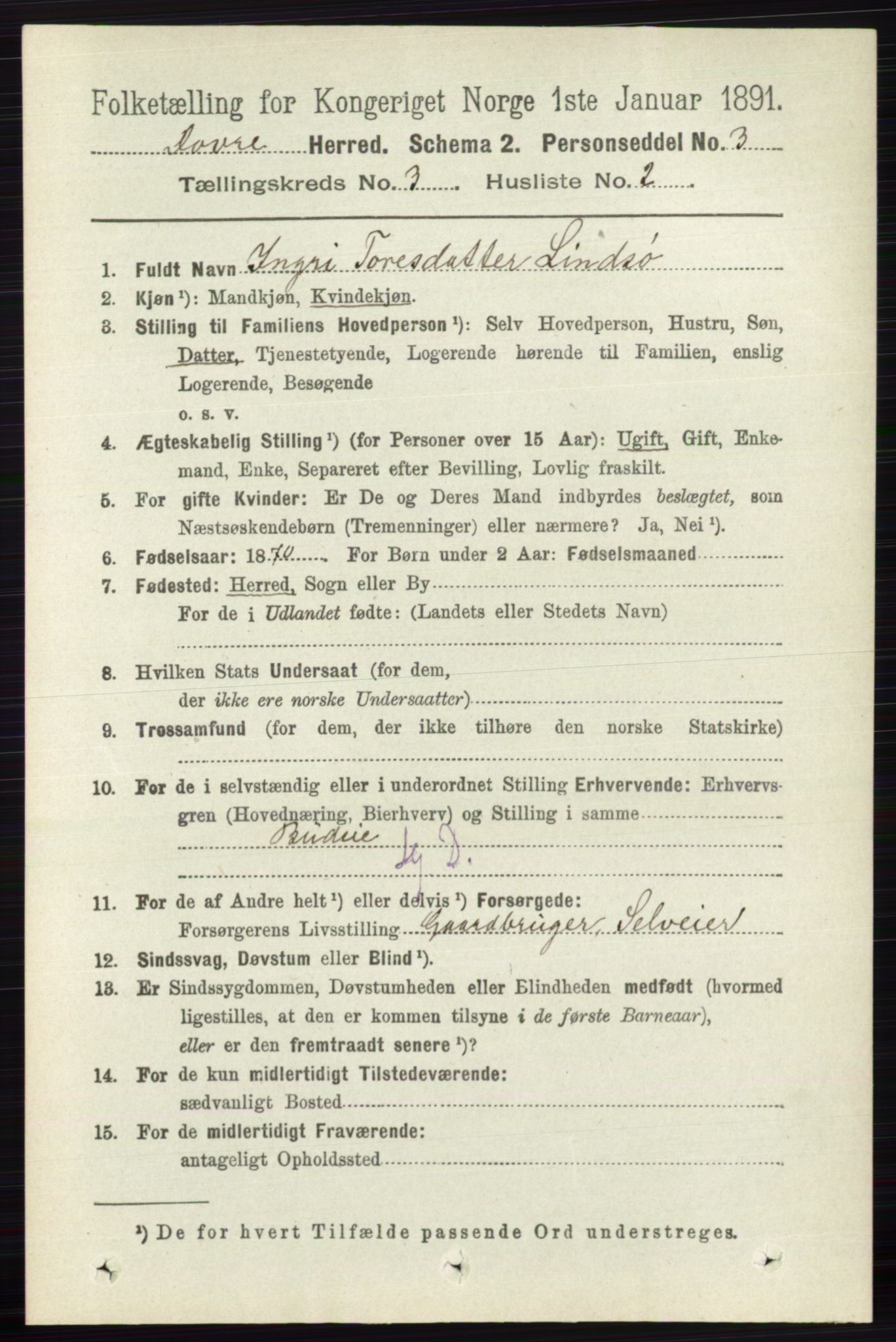 RA, 1891 census for 0511 Dovre, 1891, p. 1404