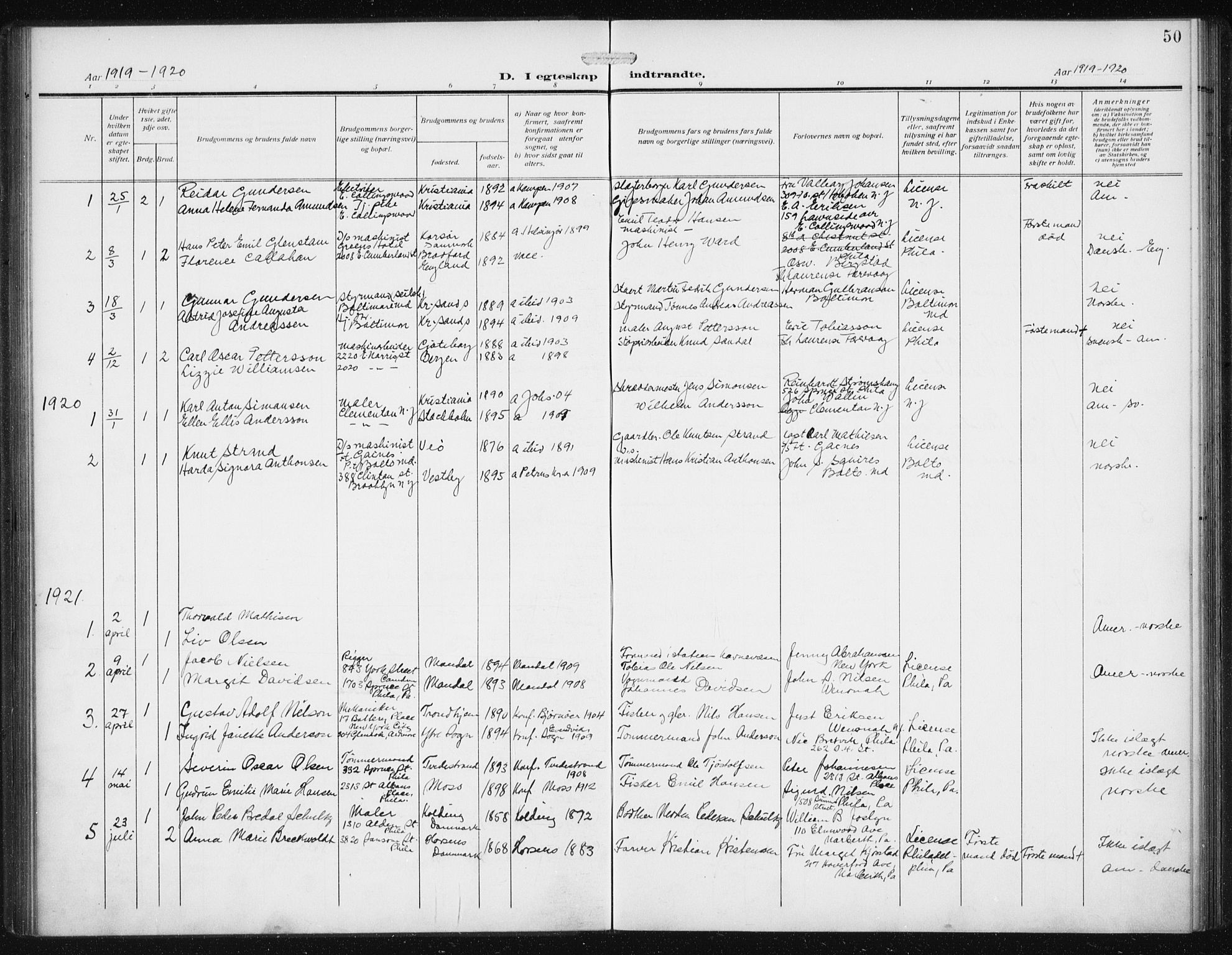 Den norske sjømannsmisjon i utlandet/Philadelphia, SAB/SAB/PA-0113/H/Ha/L0001: Parish register (official) no. A 1, 1912-1931, p. 50