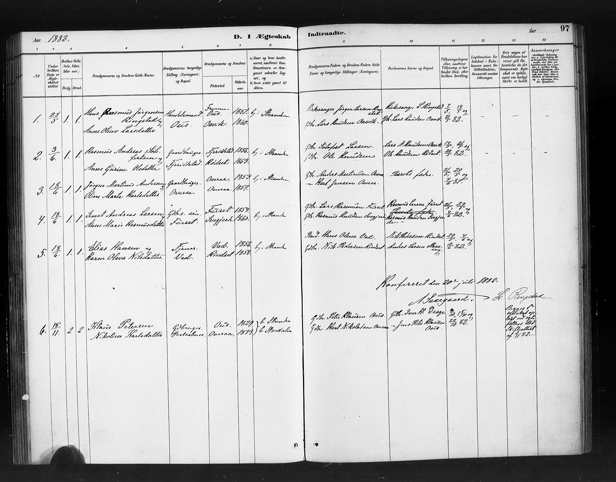 Ministerialprotokoller, klokkerbøker og fødselsregistre - Møre og Romsdal, SAT/A-1454/520/L0283: Parish register (official) no. 520A12, 1882-1898, p. 97