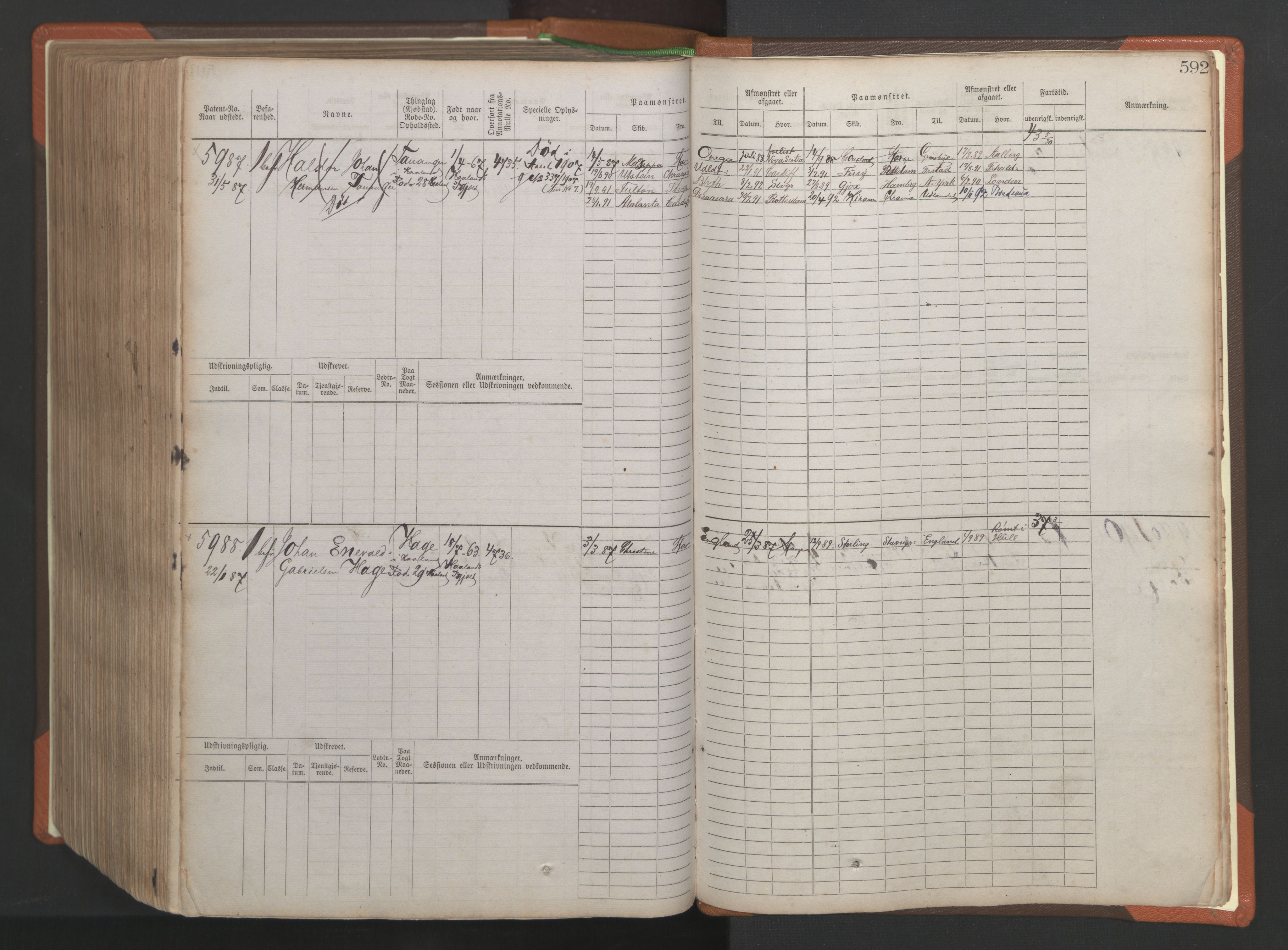 Stavanger sjømannskontor, AV/SAST-A-102006/F/Fb/Fbb/L0009: Sjøfartshovedrulle, patentnr. 4805-6006, 1879-1887, p. 599