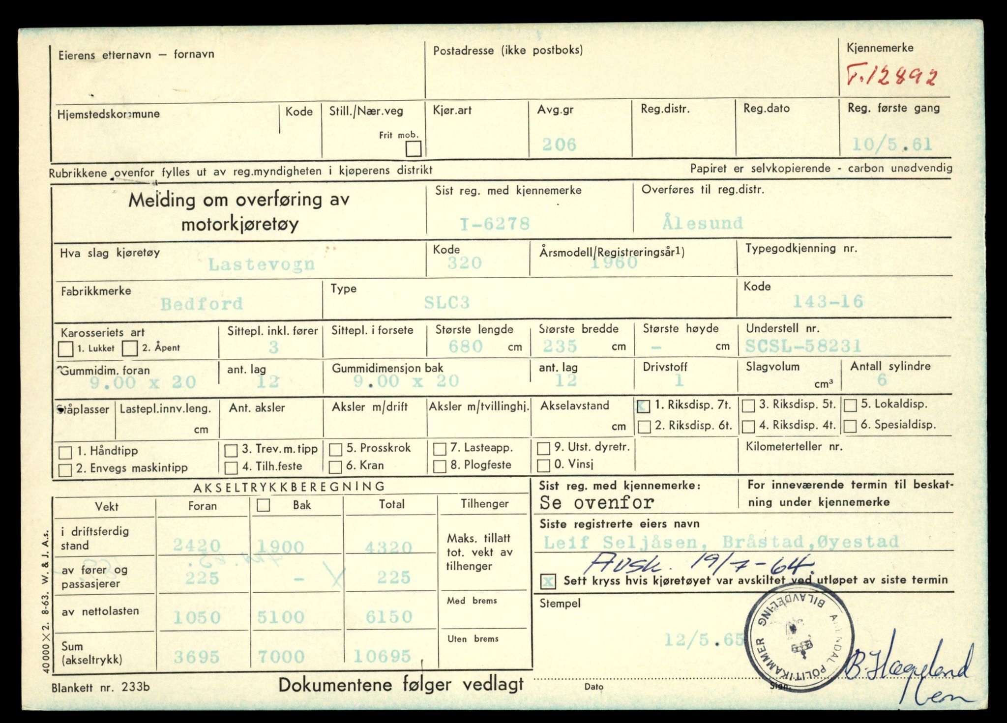 Møre og Romsdal vegkontor - Ålesund trafikkstasjon, AV/SAT-A-4099/F/Fe/L0036: Registreringskort for kjøretøy T 12831 - T 13030, 1927-1998, p. 1067