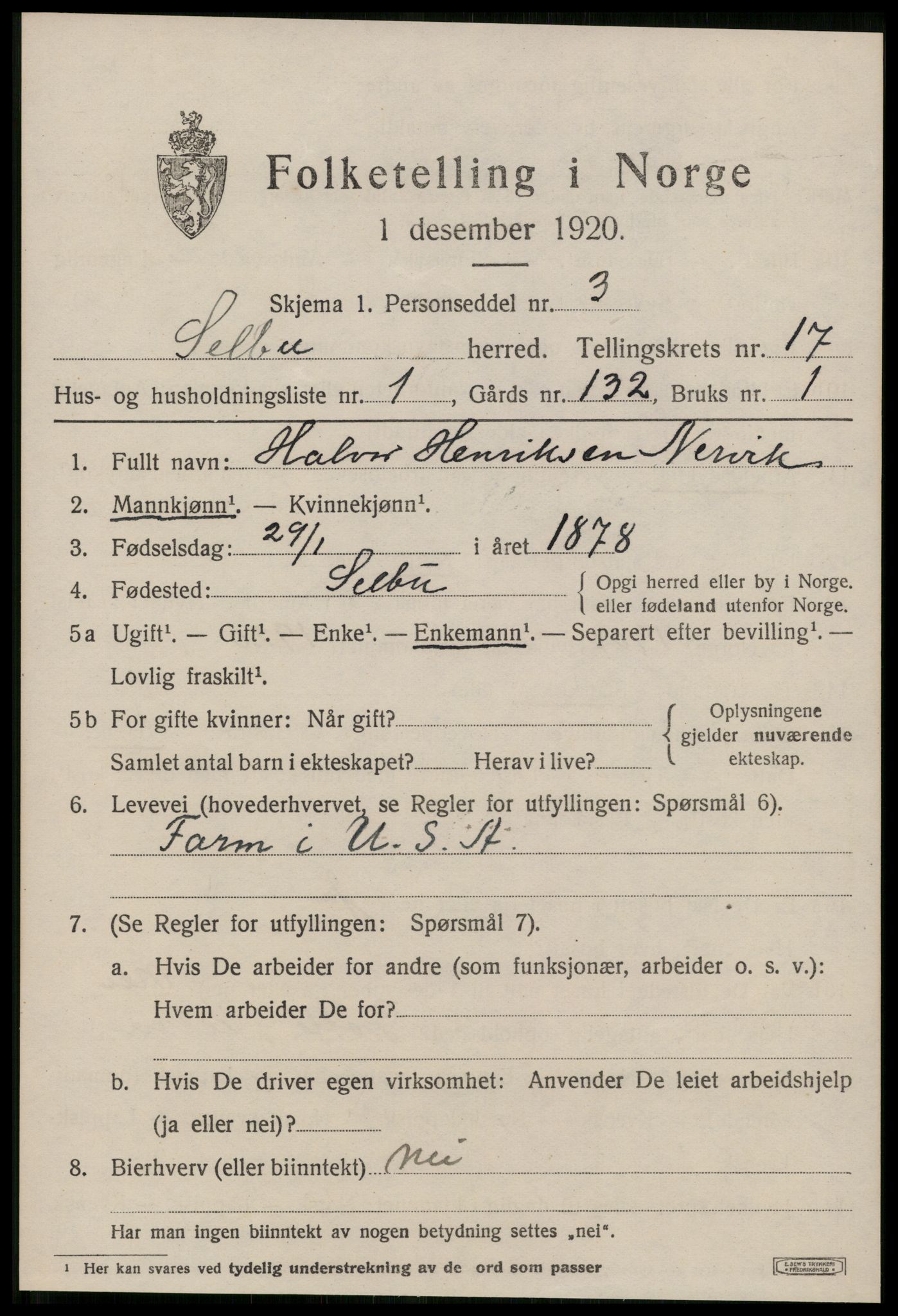 SAT, 1920 census for Selbu, 1920, p. 8884