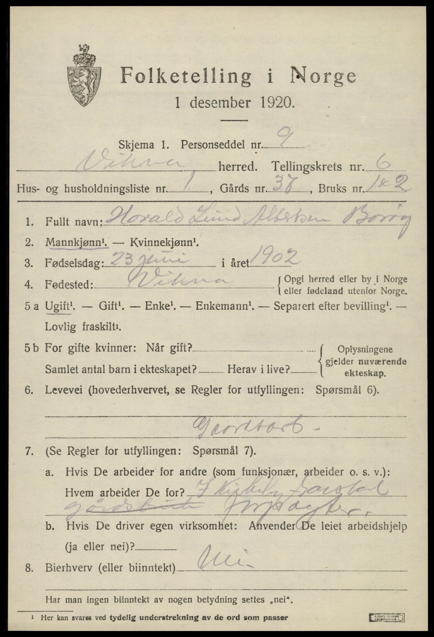 SAT, 1920 census for Vikna, 1920, p. 5013