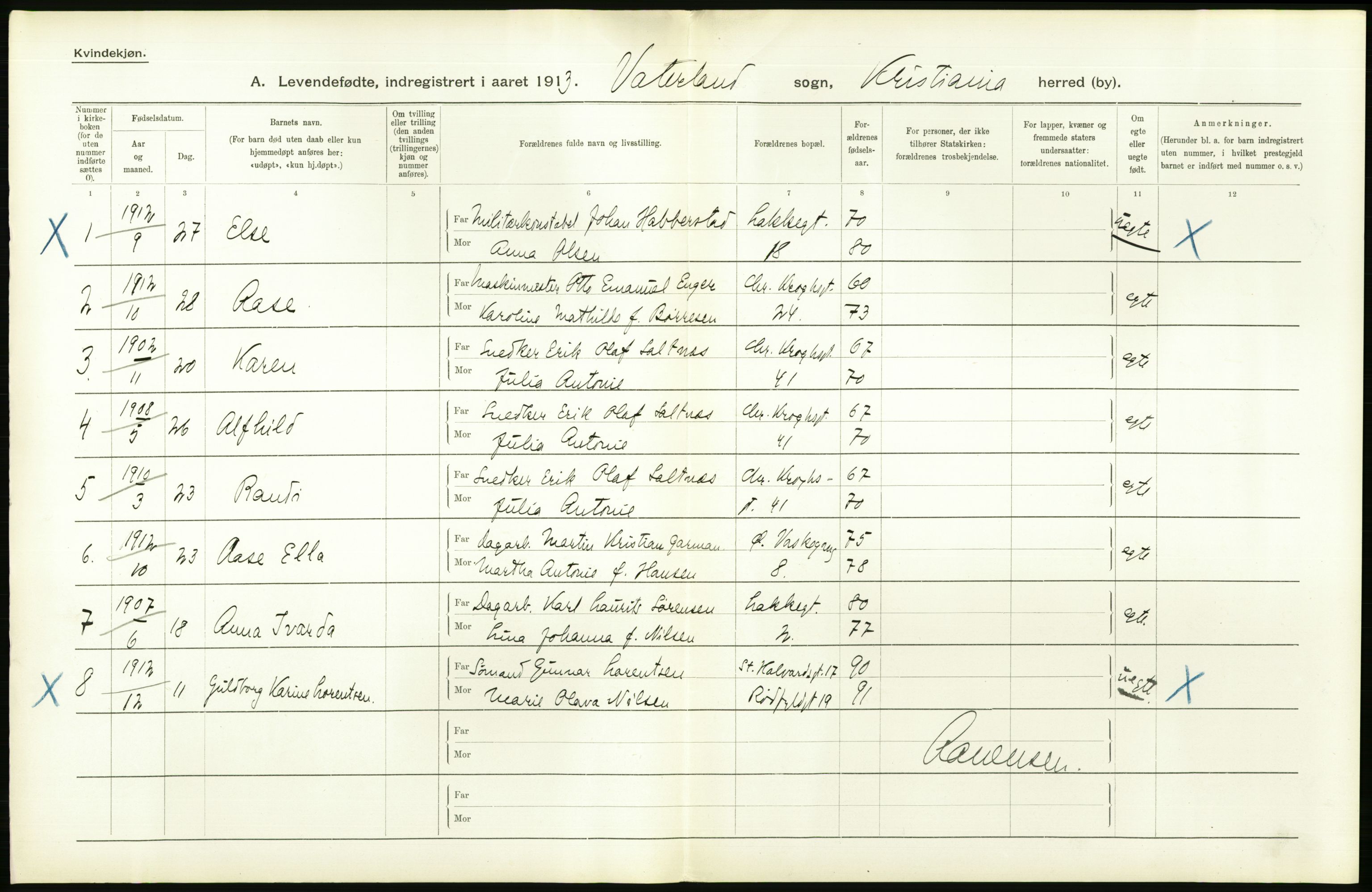 Statistisk sentralbyrå, Sosiodemografiske emner, Befolkning, RA/S-2228/D/Df/Dfb/Dfbc/L0007: Kristiania: Levendefødte menn og kvinner., 1913, p. 550