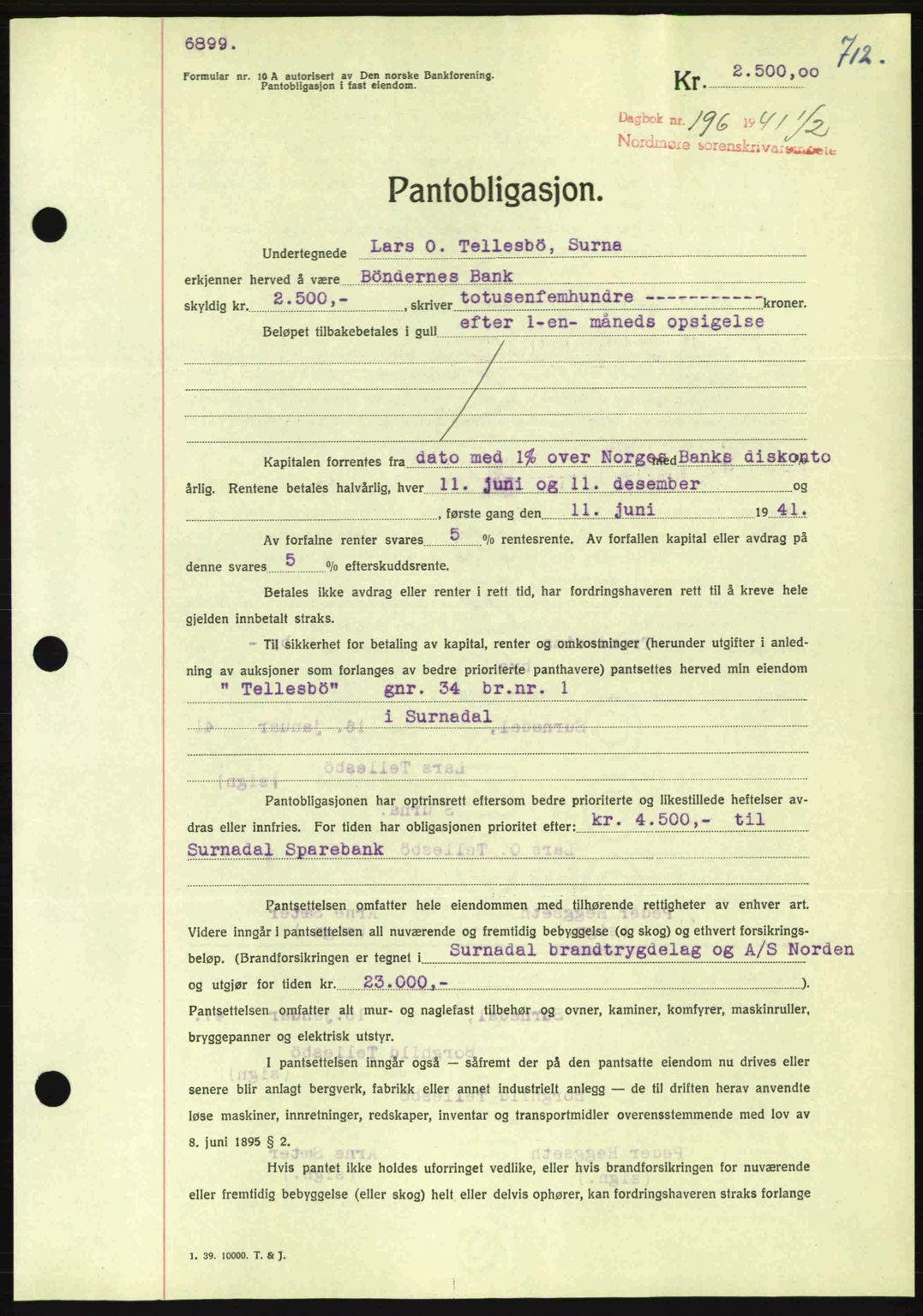 Nordmøre sorenskriveri, AV/SAT-A-4132/1/2/2Ca: Mortgage book no. B87, 1940-1941, Diary no: : 196/1941