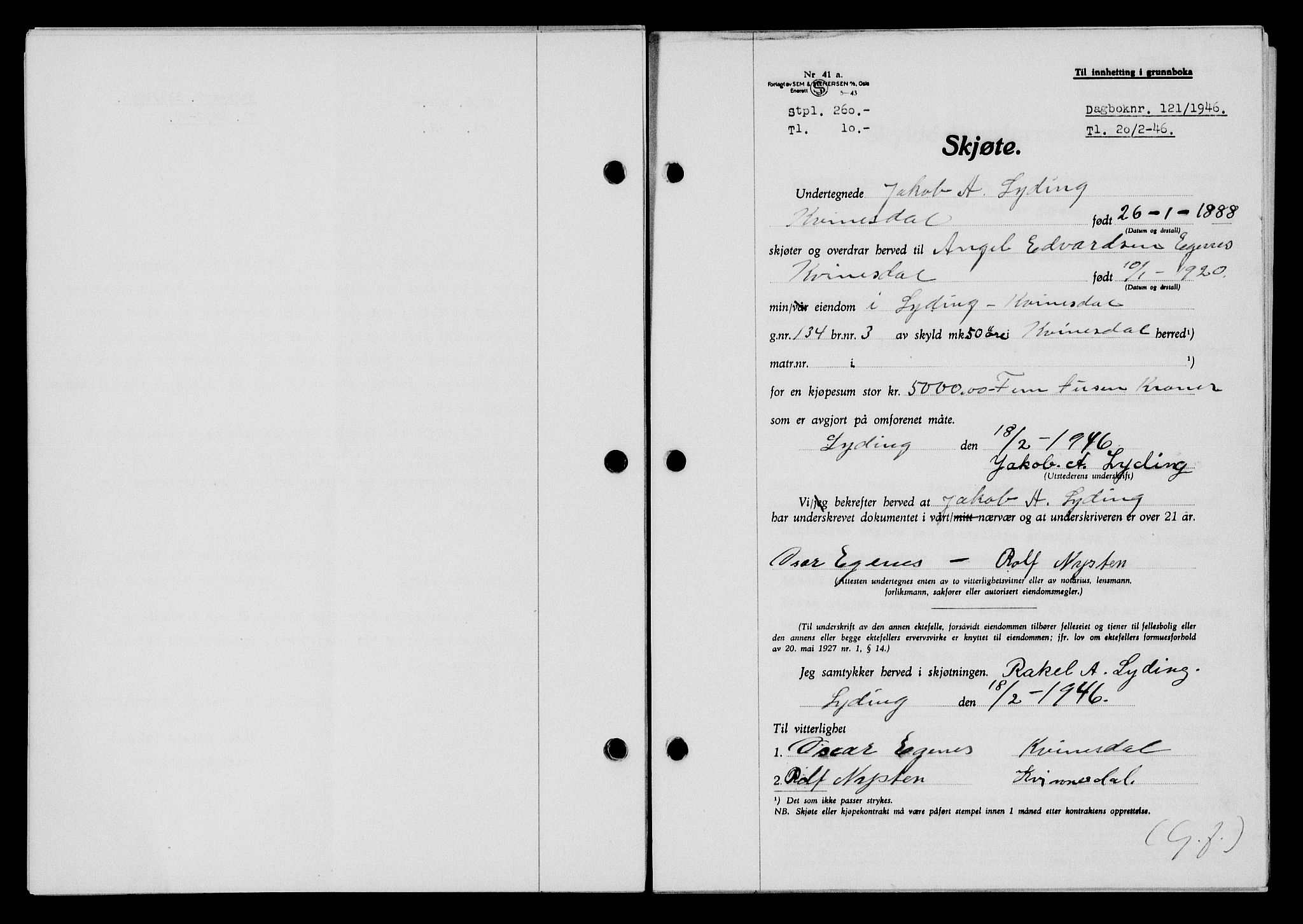 Flekkefjord sorenskriveri, SAK/1221-0001/G/Gb/Gba/L0060: Mortgage book no. A-8, 1945-1946, Diary no: : 121/1946