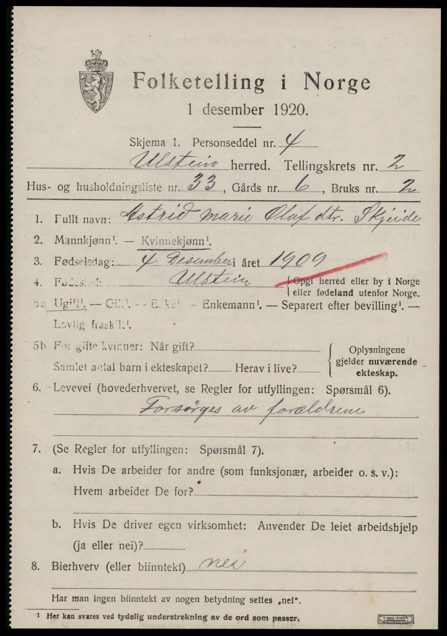 SAT, 1920 census for Ulstein, 1920, p. 1602