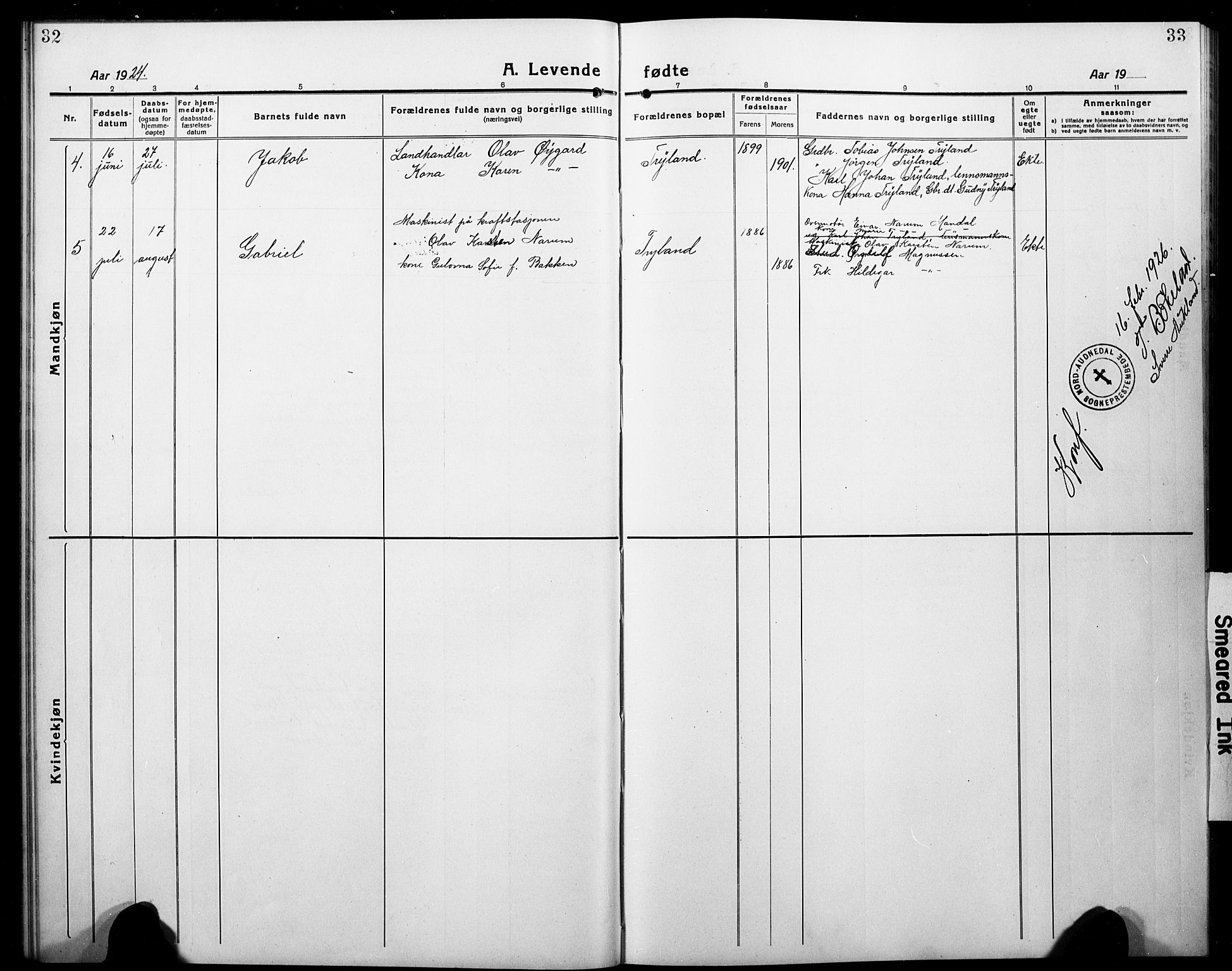 Nord-Audnedal sokneprestkontor, AV/SAK-1111-0032/F/Fb/Fbb/L0005: Parish register (copy) no. B 5, 1918-1929, p. 32-33