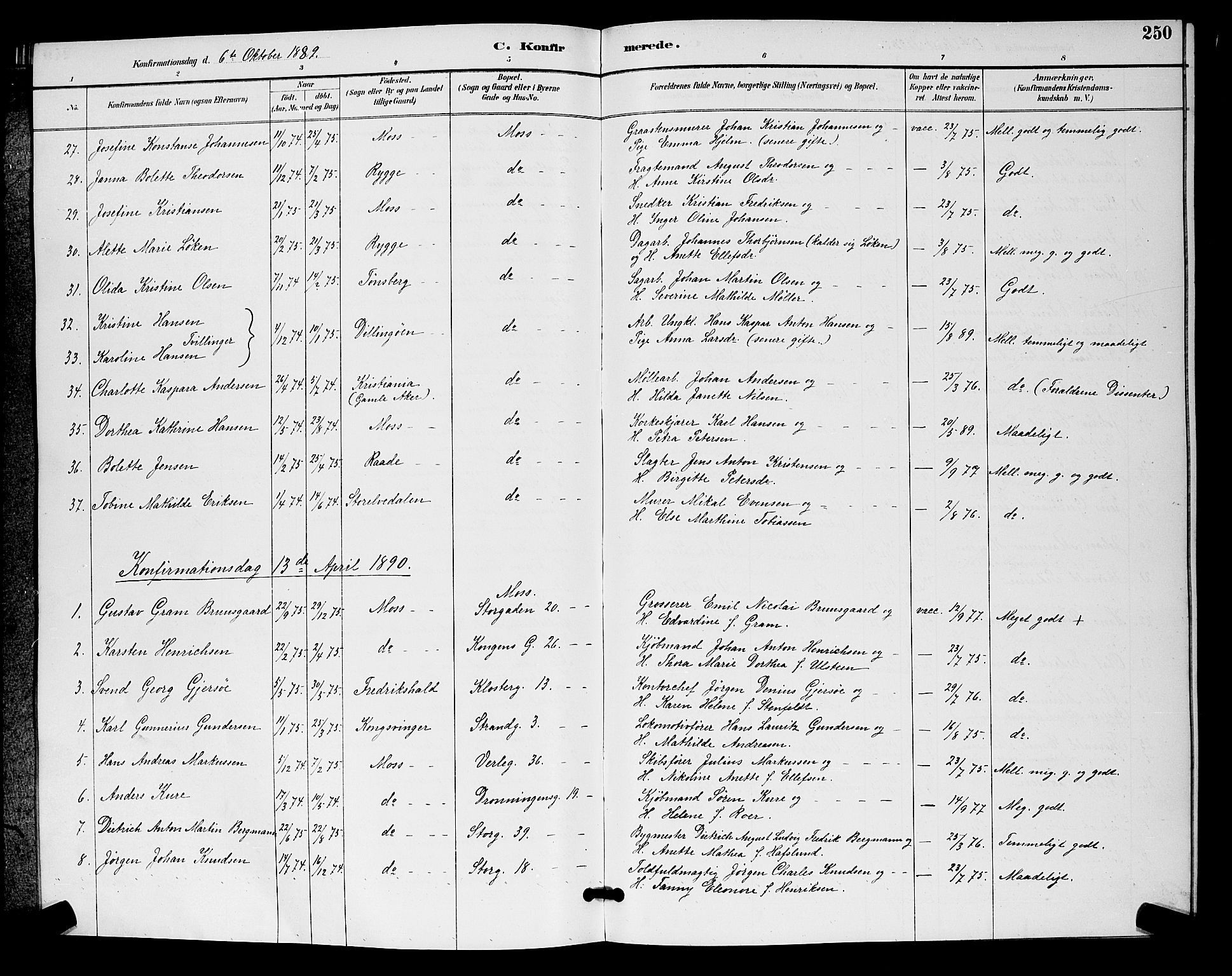 Moss prestekontor Kirkebøker, AV/SAO-A-2003/G/Ga/L0006: Parish register (copy) no. I 6, 1889-1900, p. 250