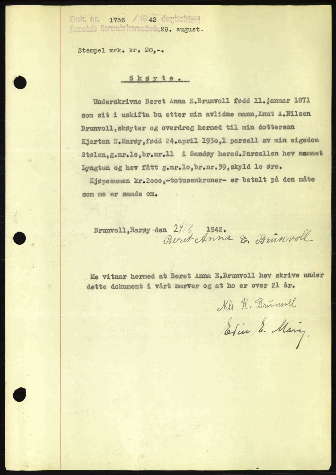 Romsdal sorenskriveri, AV/SAT-A-4149/1/2/2C: Mortgage book no. A12, 1942-1942, Diary no: : 1736/1942