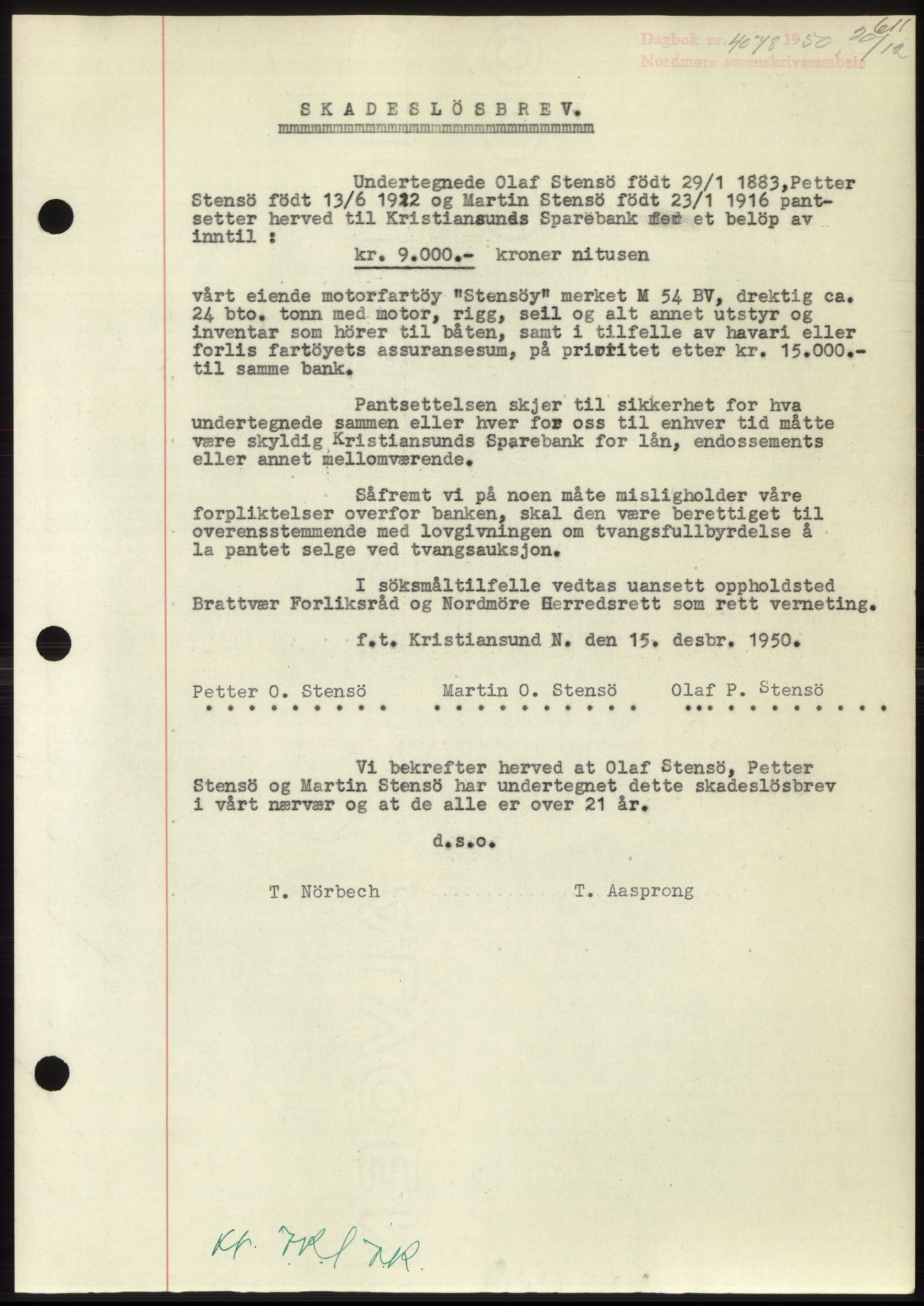 Nordmøre sorenskriveri, AV/SAT-A-4132/1/2/2Ca: Mortgage book no. B106, 1950-1950, Diary no: : 4078/1950