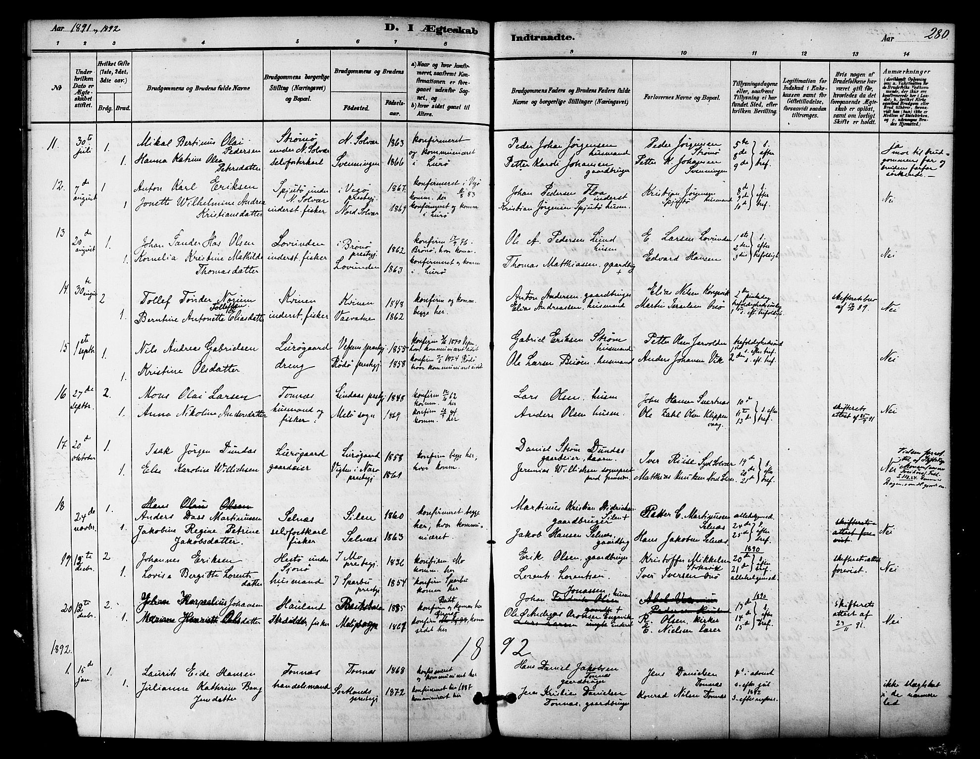 Ministerialprotokoller, klokkerbøker og fødselsregistre - Nordland, SAT/A-1459/839/L0568: Parish register (official) no. 839A05, 1880-1902, p. 280