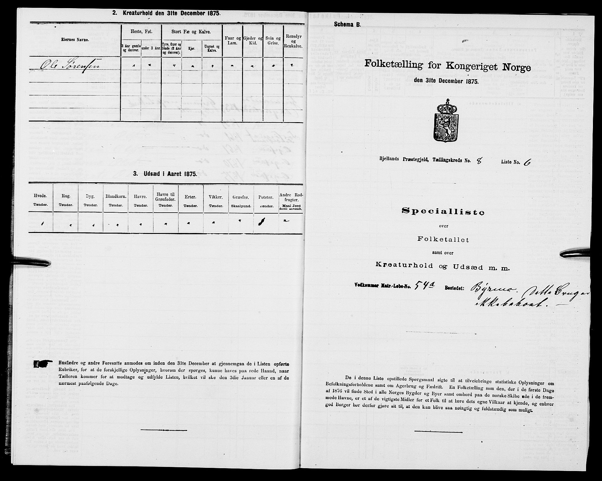 SAK, 1875 census for 1024P Bjelland, 1875, p. 518