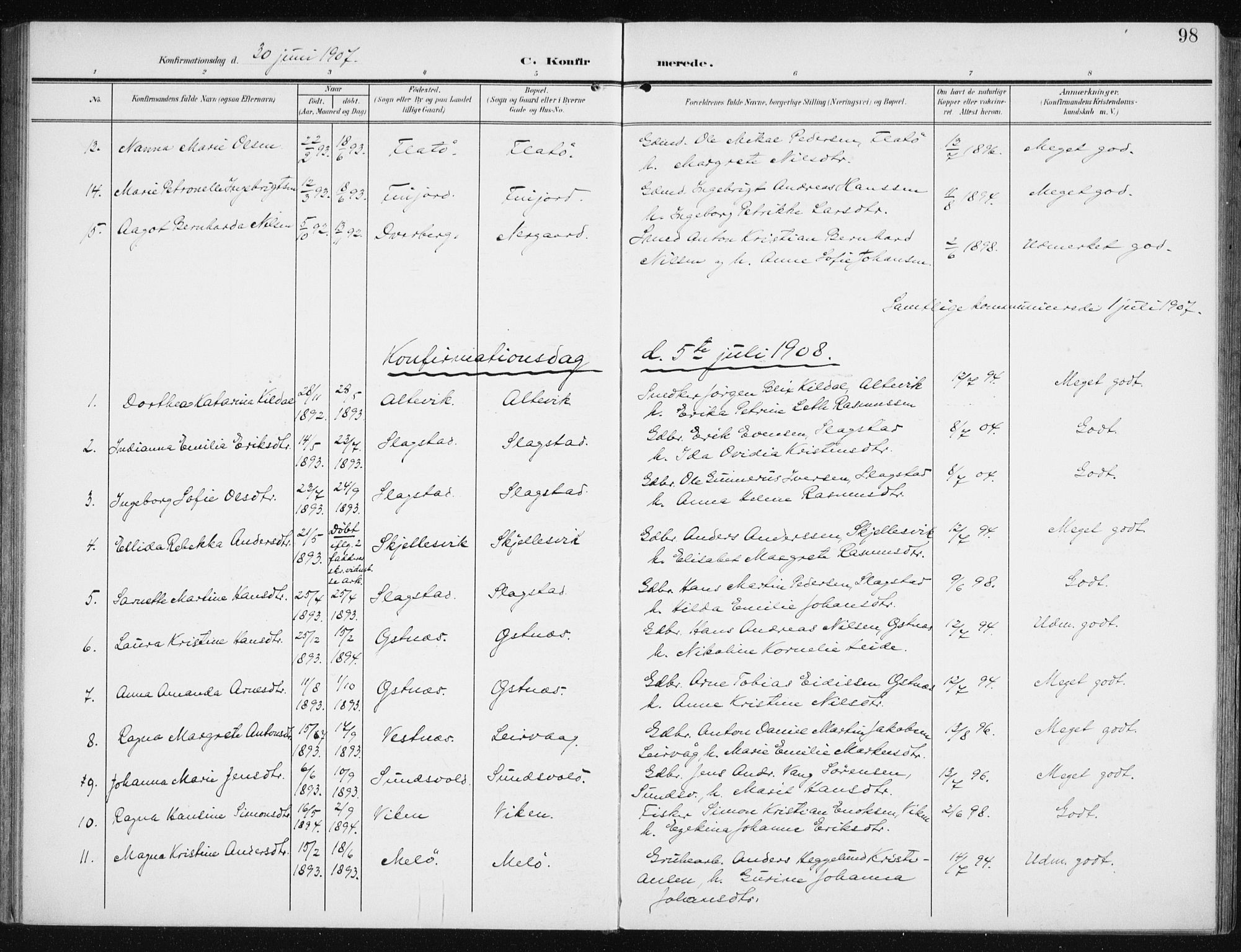 Sand/Bjarkøy sokneprestkontor, AV/SATØ-S-0811/I/Ia/Iaa/L0005kirke: Parish register (official) no. 5, 1905-1914, p. 98