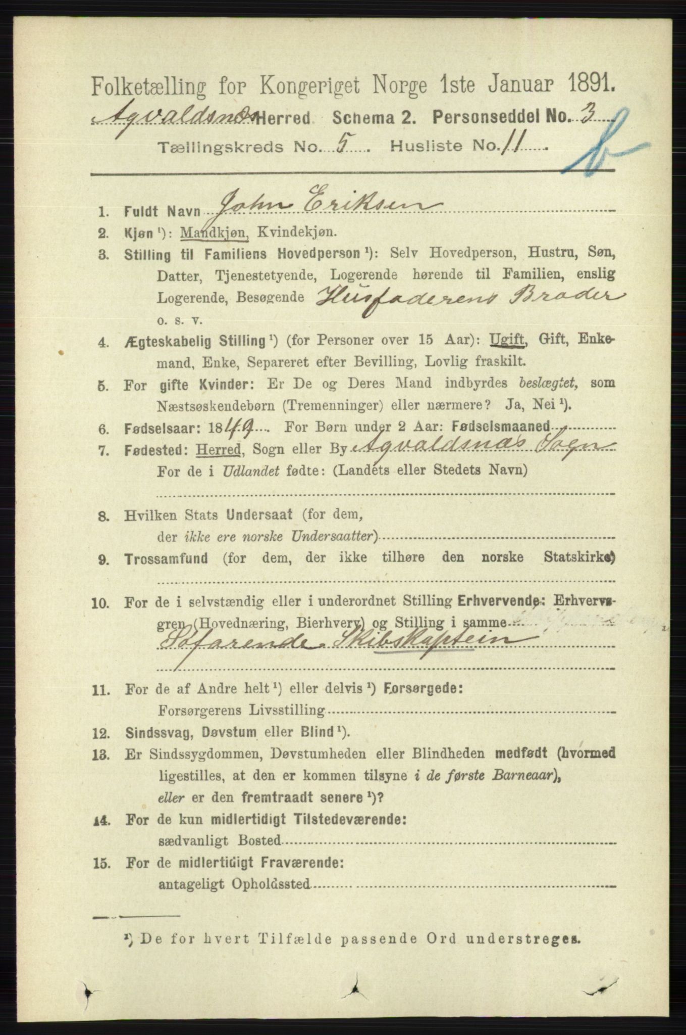 RA, 1891 census for 1147 Avaldsnes, 1891, p. 3077