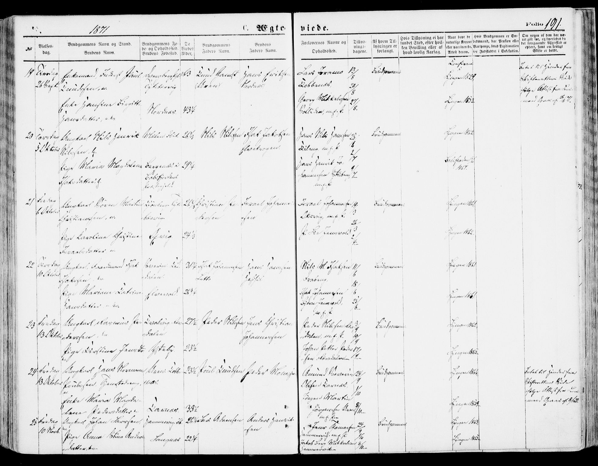 Lyngen sokneprestembete, AV/SATØ-S-1289/H/He/Hea/L0006kirke: Parish register (official) no. 6, 1870-1878, p. 191