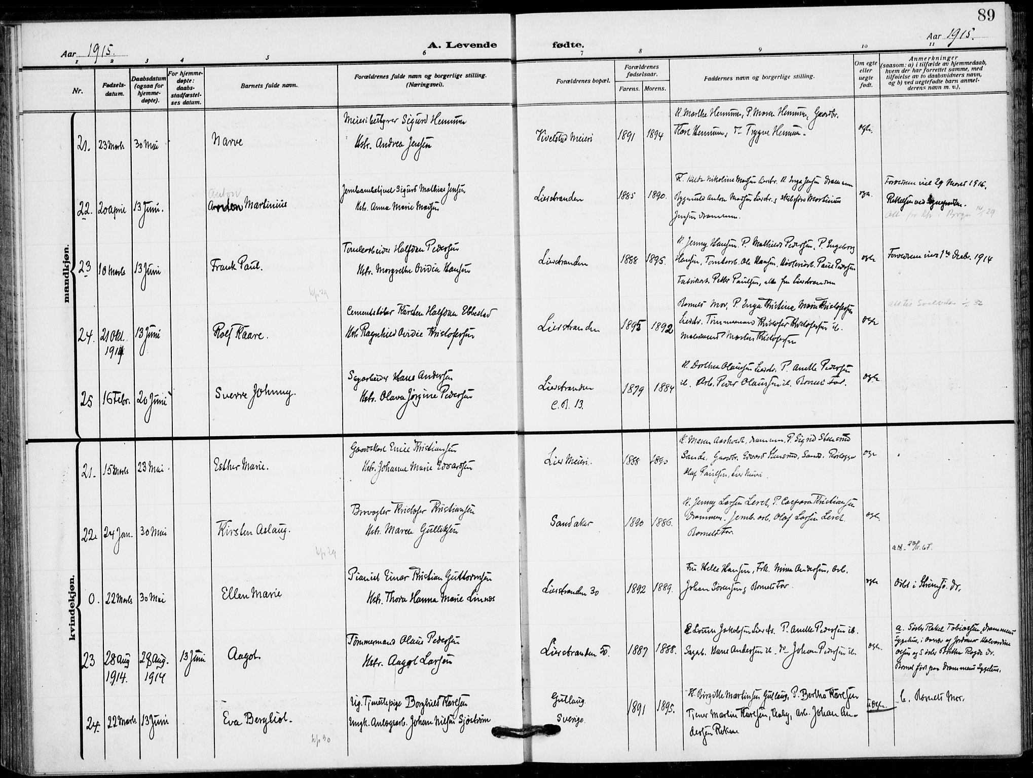 Lier kirkebøker, AV/SAKO-A-230/F/Fa/L0018: Parish register (official) no. I 18, 1909-1917, p. 89