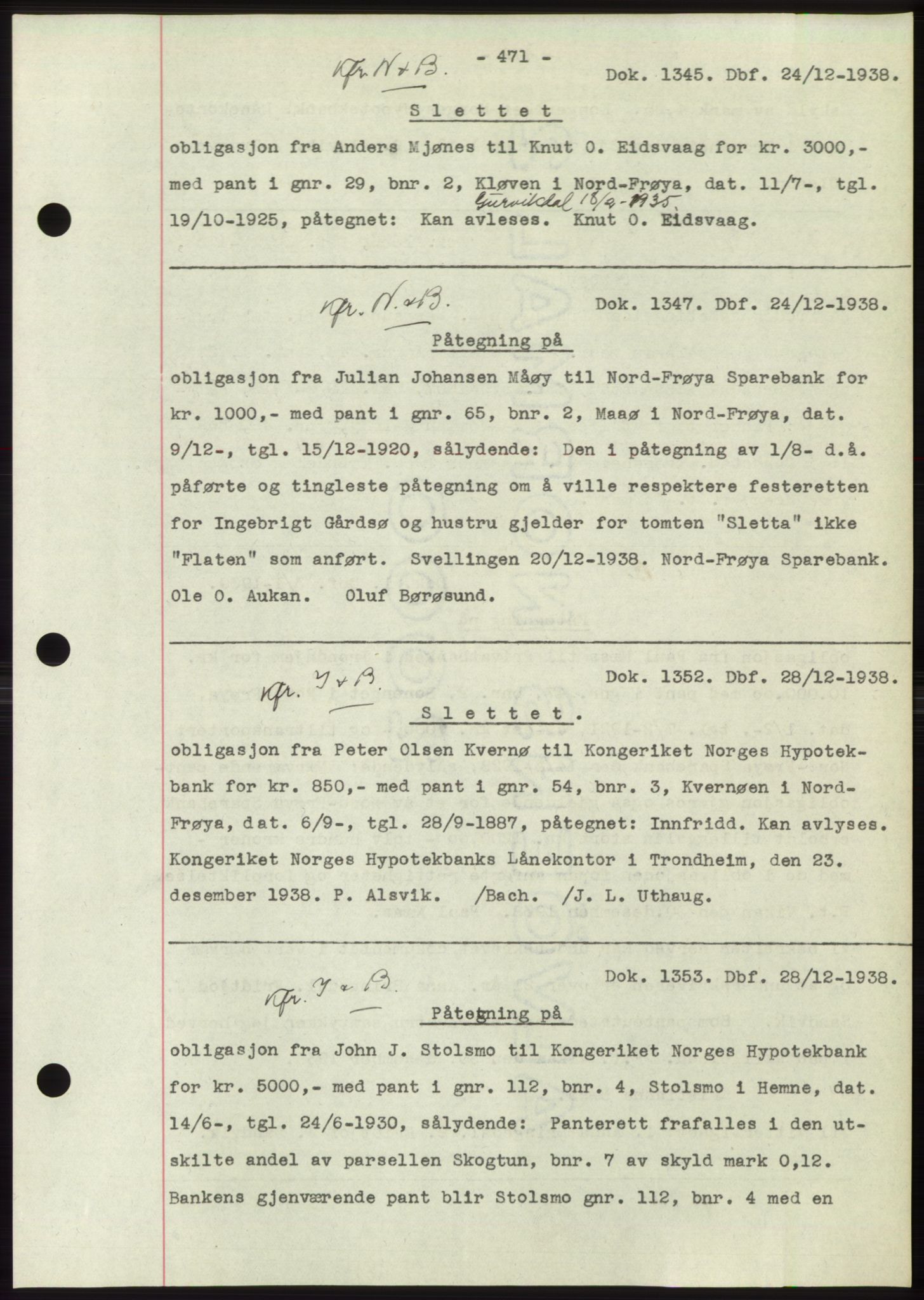 Hitra sorenskriveri, AV/SAT-A-0018/2/2C/2Ca: Mortgage book no. C1, 1936-1945, Diary no: : 1345/1938