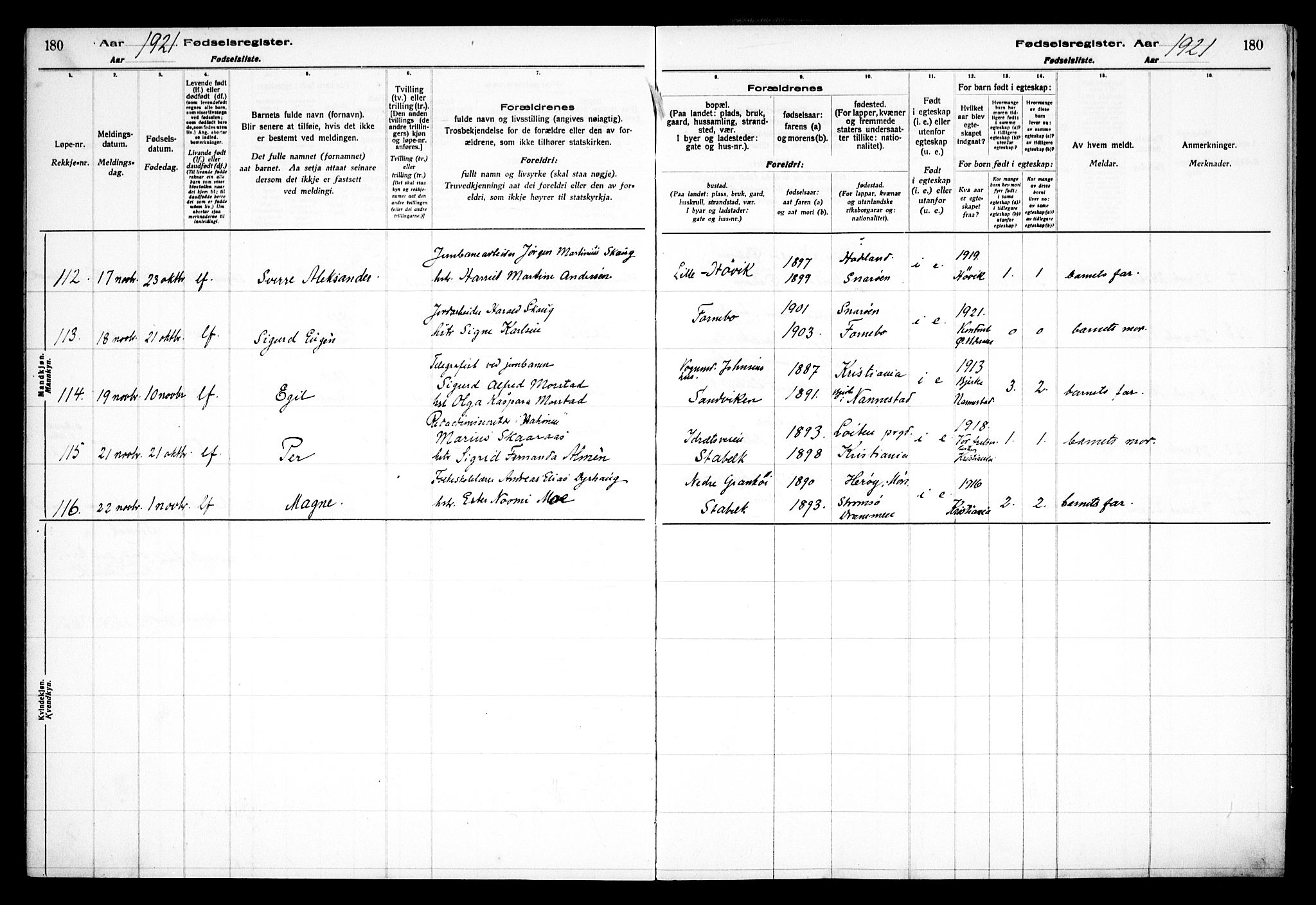 Østre Bærum prestekontor Kirkebøker, AV/SAO-A-10887/J/Ja/L0001: Birth register no. 1, 1916-1922, p. 180