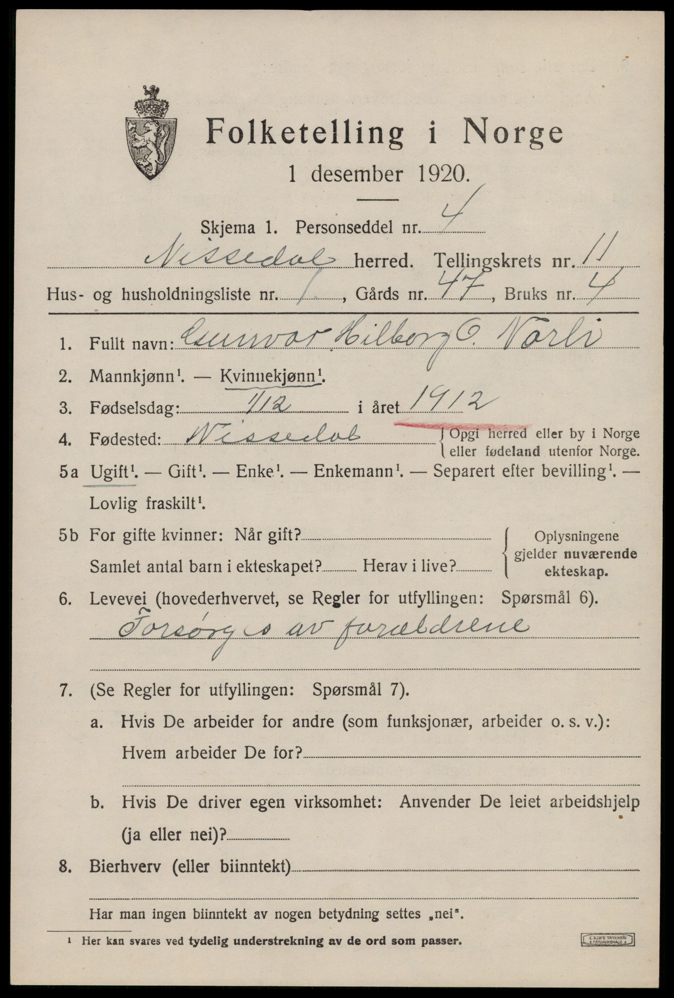 SAKO, 1920 census for Nissedal, 1920, p. 4401