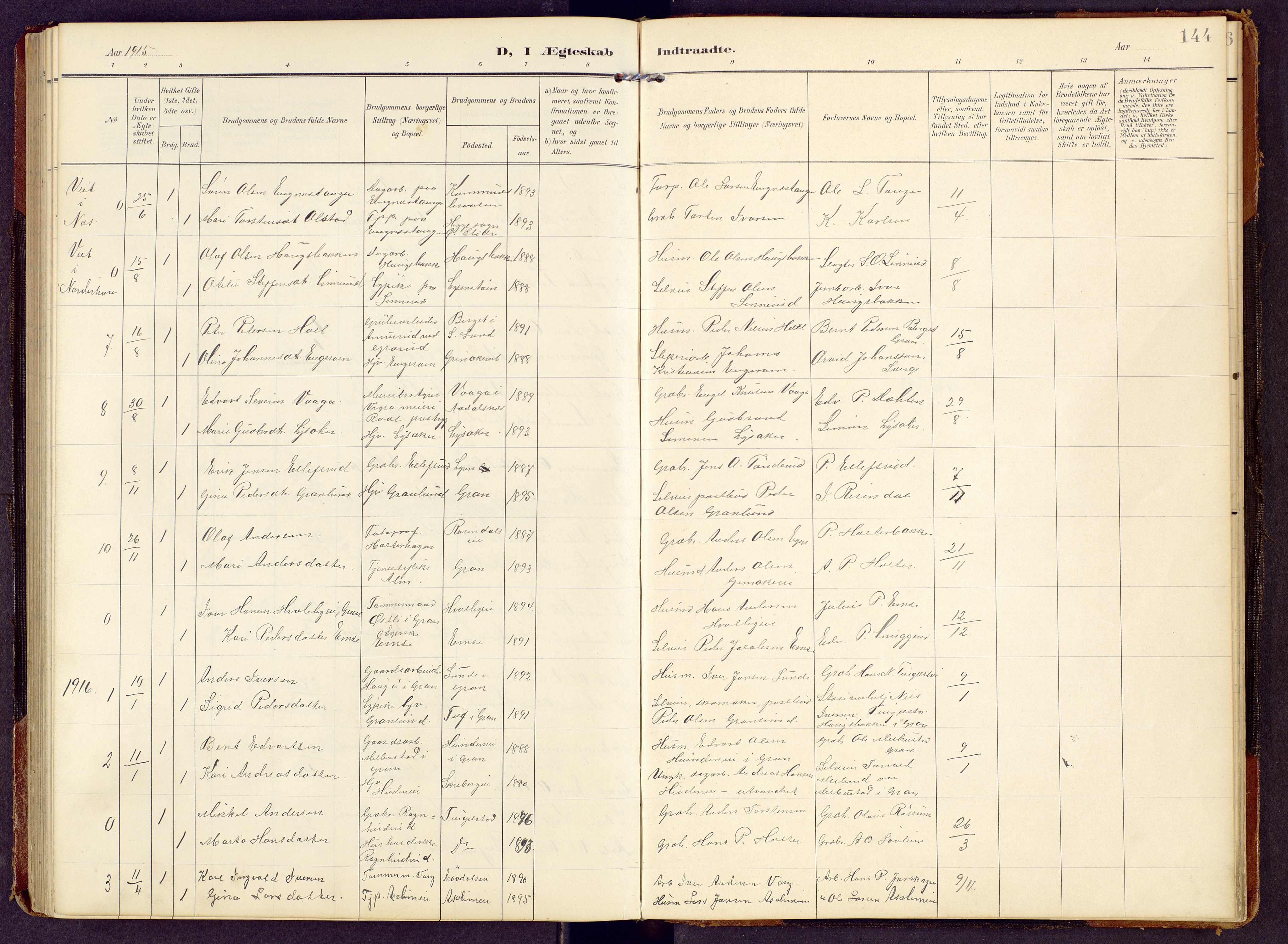 Brandbu prestekontor, SAH/PREST-114/H/Ha/Hab/L0009: Parish register (copy) no. 9, 1903-1916, p. 144
