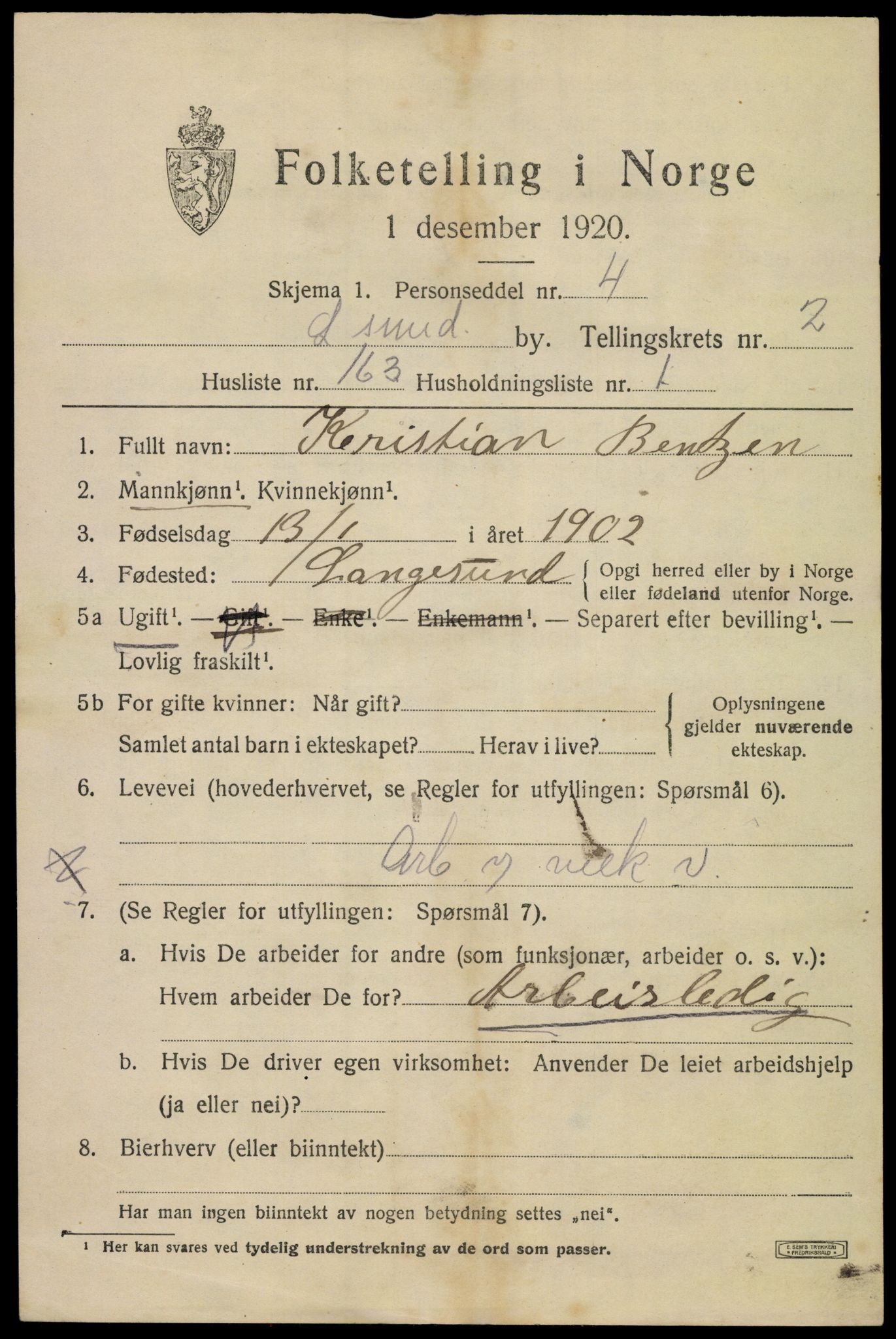 SAKO, 1920 census for Langesund, 1920, p. 5535