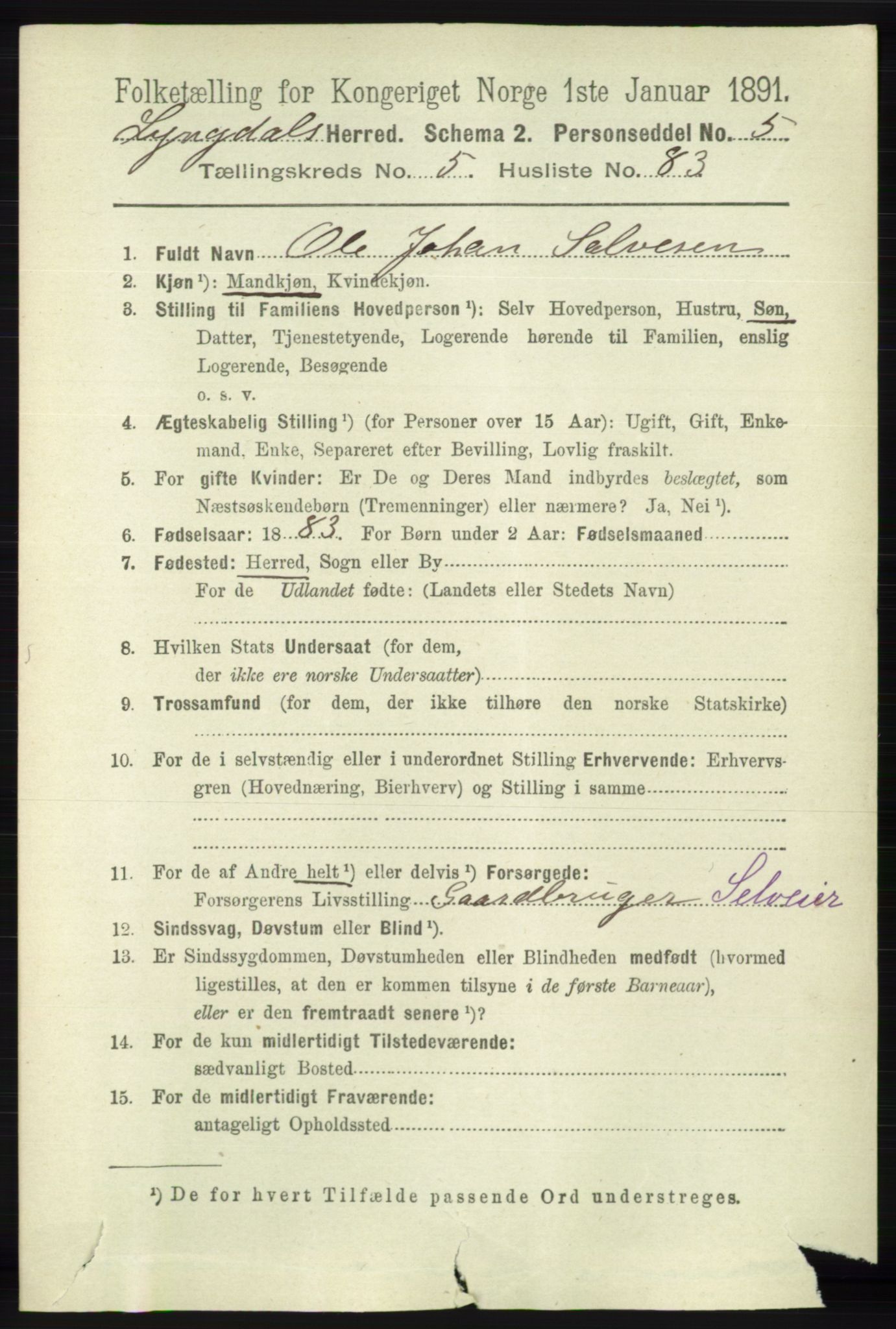 RA, 1891 census for 1032 Lyngdal, 1891, p. 2368