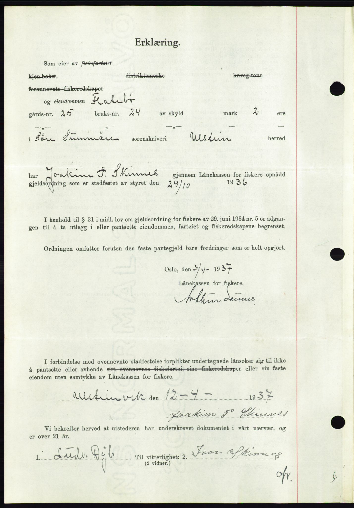 Søre Sunnmøre sorenskriveri, AV/SAT-A-4122/1/2/2C/L0063: Mortgage book no. 57, 1937-1937, Diary no: : 613/1937