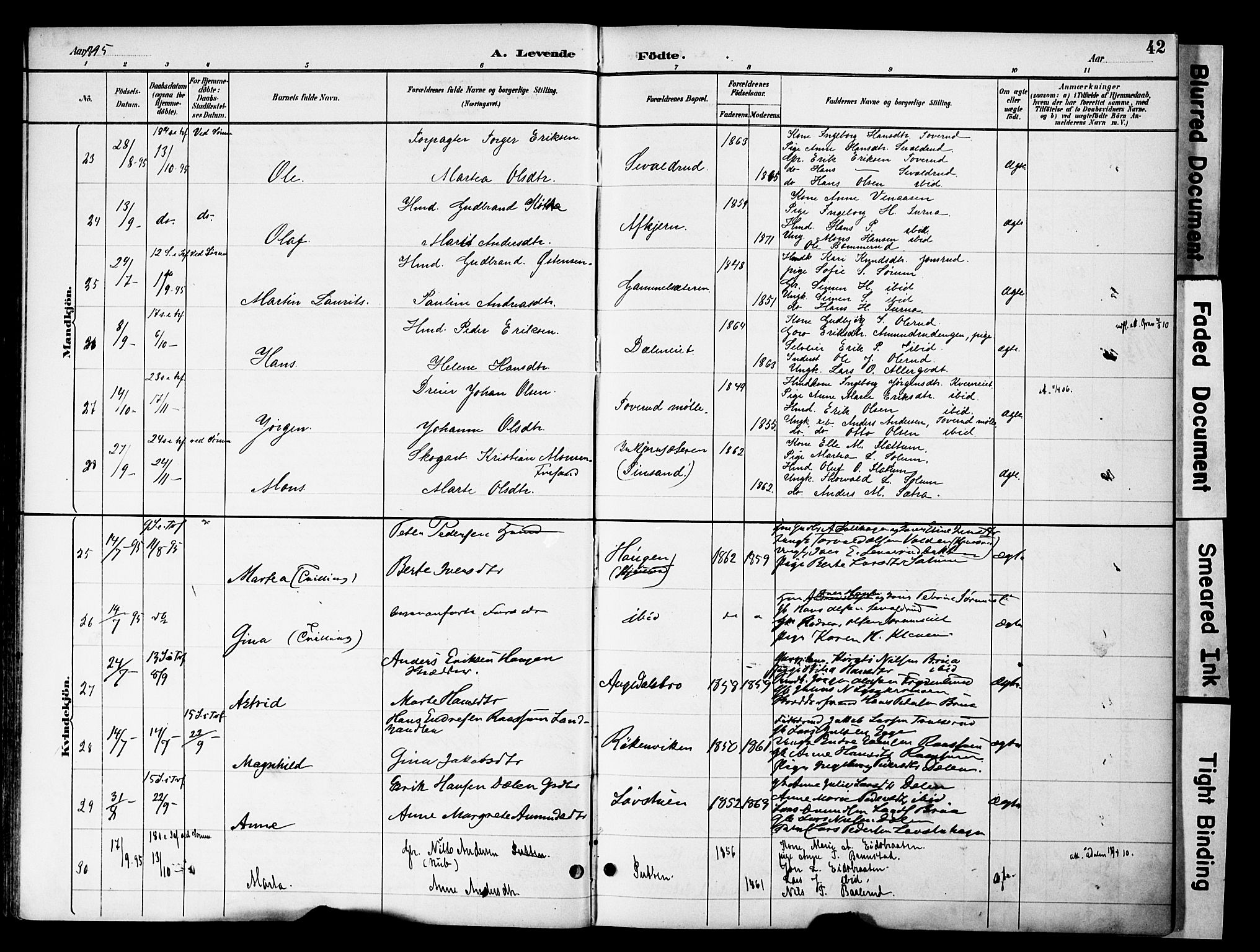 Gran prestekontor, AV/SAH-PREST-112/H/Ha/Haa/L0020: Parish register (official) no. 20, 1889-1899, p. 42