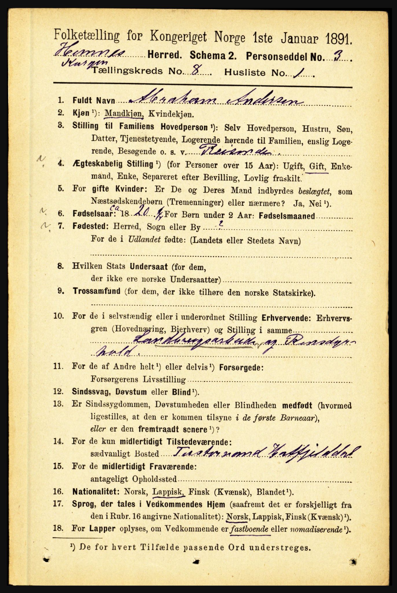 RA, 1891 census for 1832 Hemnes, 1891, p. 3637