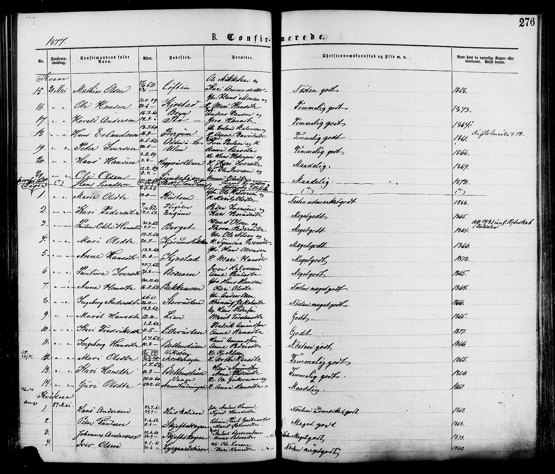 Nord-Fron prestekontor, SAH/PREST-080/H/Ha/Haa/L0002: Parish register (official) no. 2, 1865-1883, p. 276
