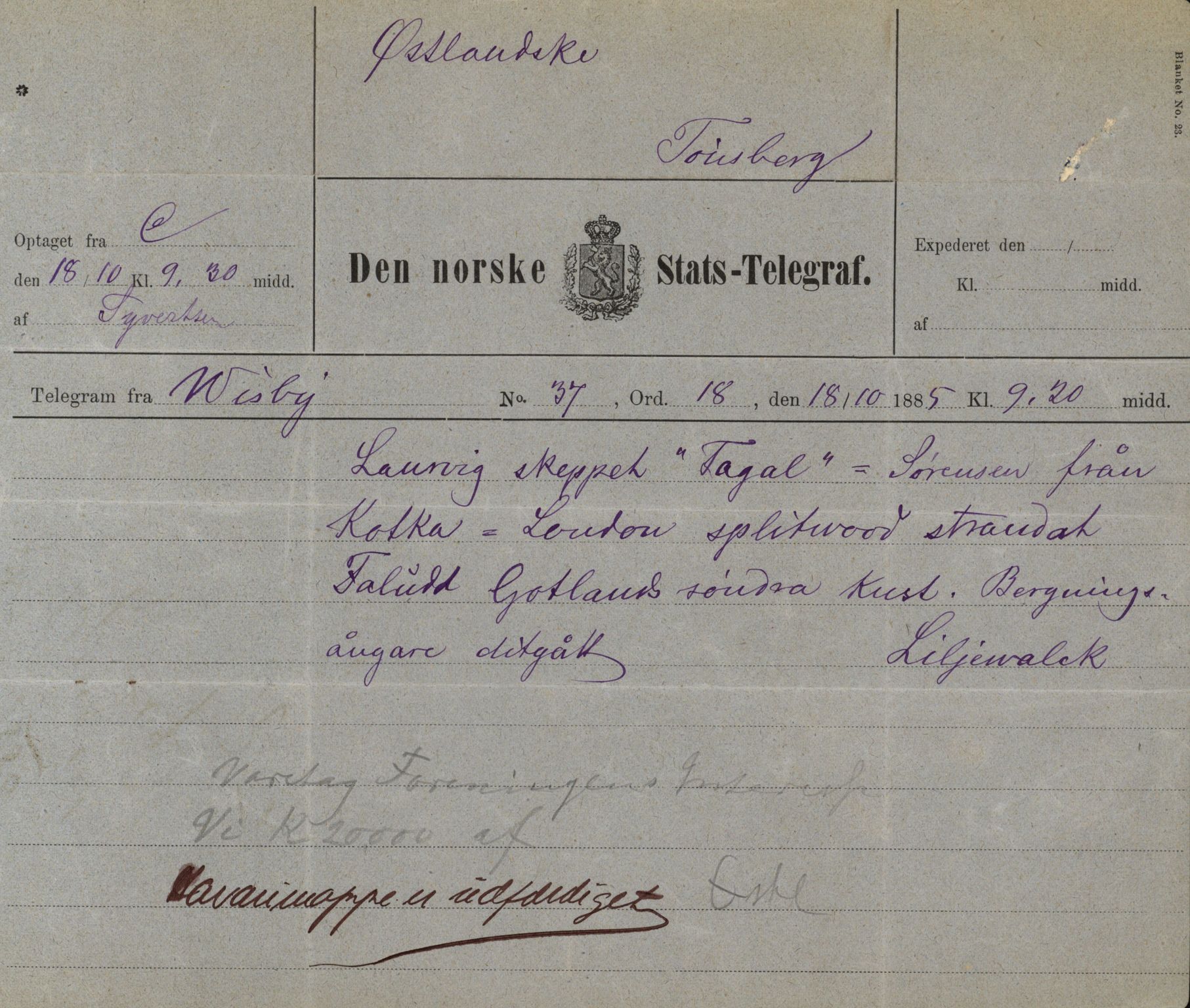 Pa 63 - Østlandske skibsassuranceforening, VEMU/A-1079/G/Ga/L0018/0010: Havaridokumenter / Tagal, Vesta, Tordenskjold av Bergen, Tordenskjold av Kristiansand, 1885, p. 24