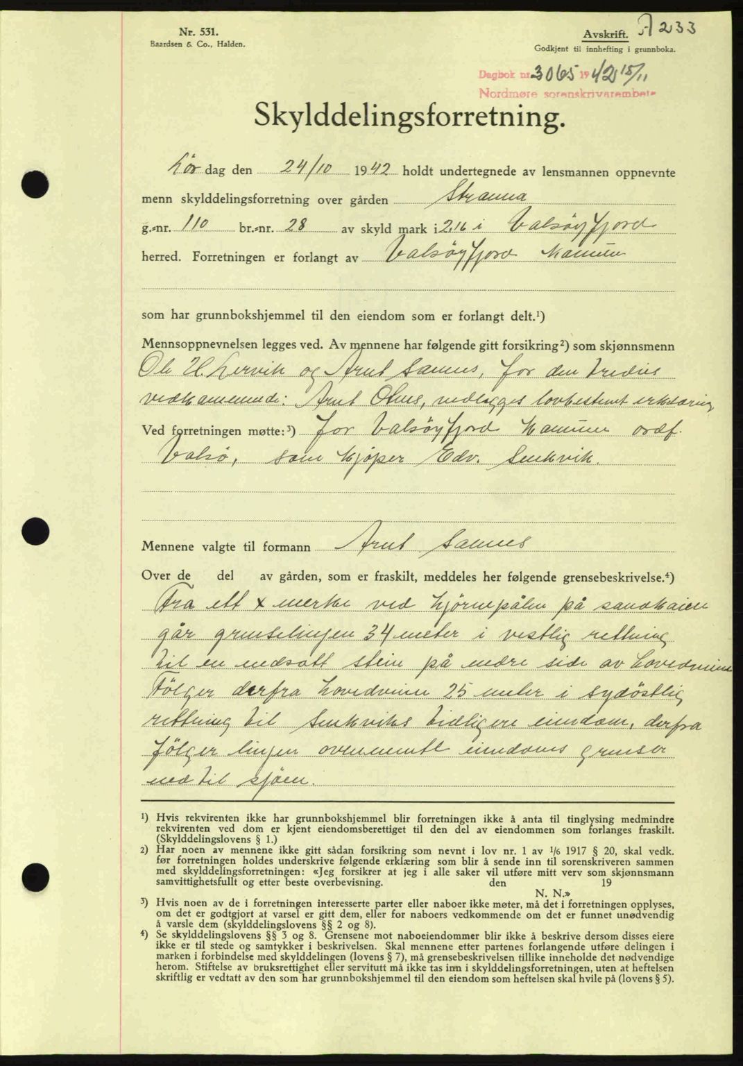 Nordmøre sorenskriveri, AV/SAT-A-4132/1/2/2Ca: Mortgage book no. A94, 1942-1943, Diary no: : 3065/1942