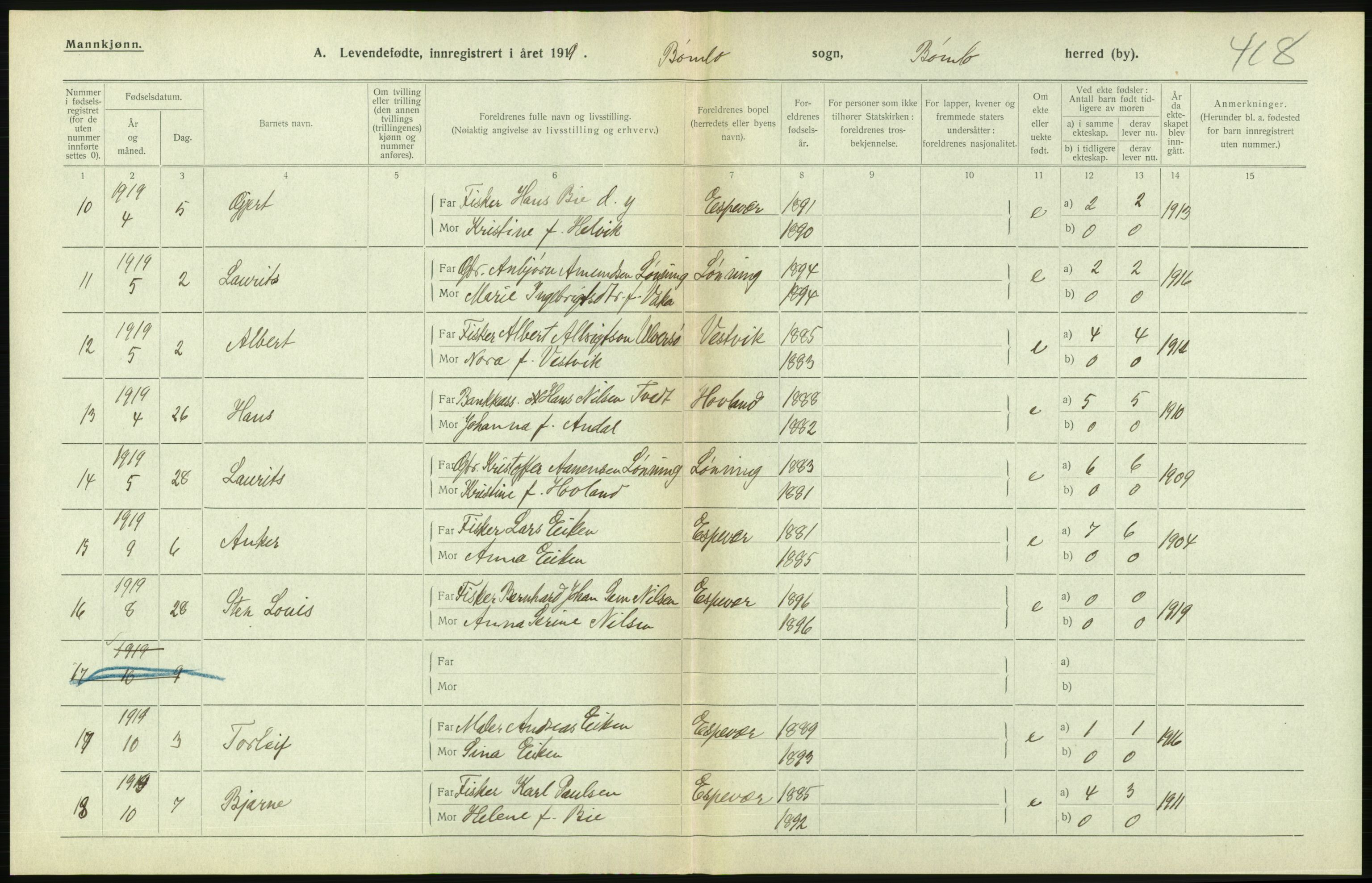 Statistisk sentralbyrå, Sosiodemografiske emner, Befolkning, RA/S-2228/D/Df/Dfb/Dfbi/L0031: Hordaland fylke: Levendefødte menn og kvinner. Bygder., 1919, p. 626