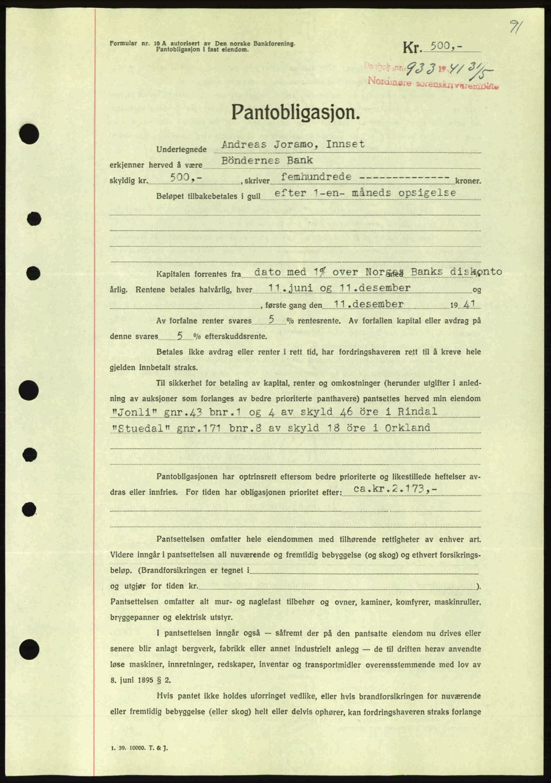 Nordmøre sorenskriveri, AV/SAT-A-4132/1/2/2Ca: Mortgage book no. B88, 1941-1942, Diary no: : 933/1941