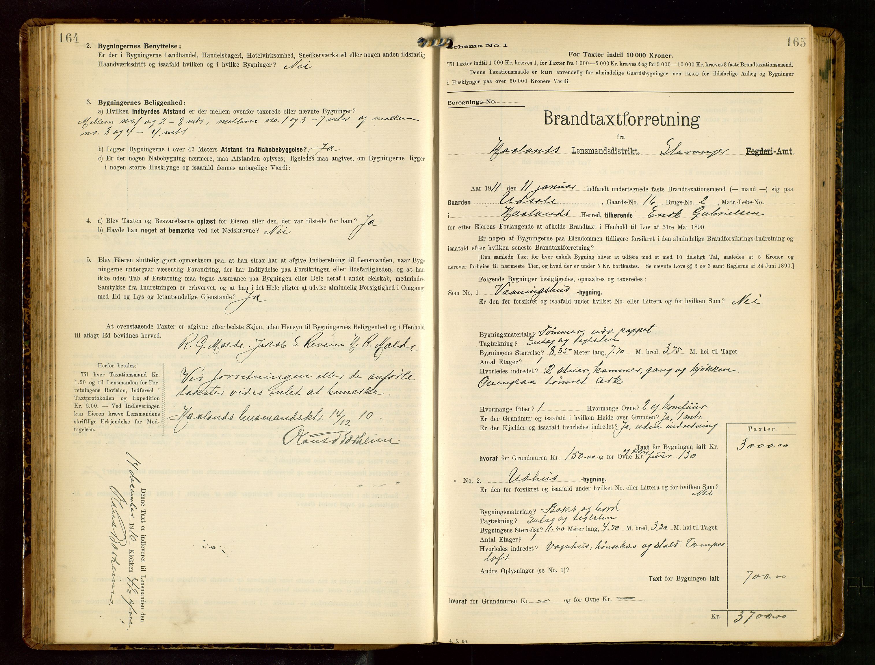 Håland lensmannskontor, SAST/A-100100/Gob/L0003: Branntakstprotokoll - skjematakst. Register i boken., 1909-1910, p. 164-165