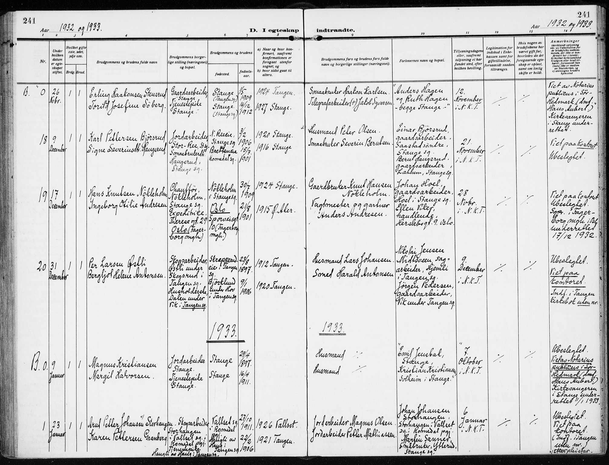 Stange prestekontor, AV/SAH-PREST-002/K/L0026: Parish register (official) no. 26, 1923-1937, p. 241