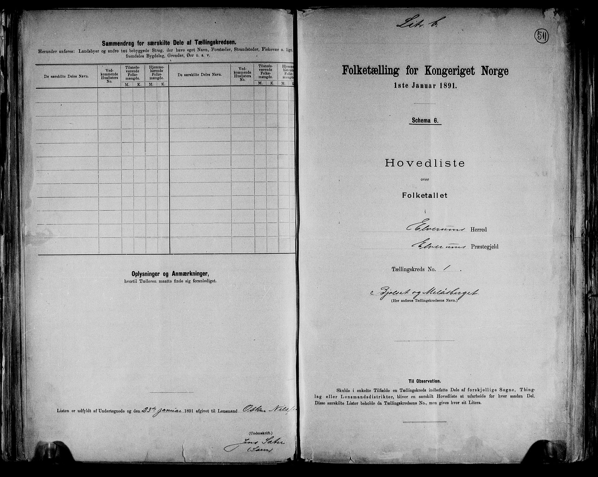 RA, 1891 census for 0427 Elverum, 1891, p. 6