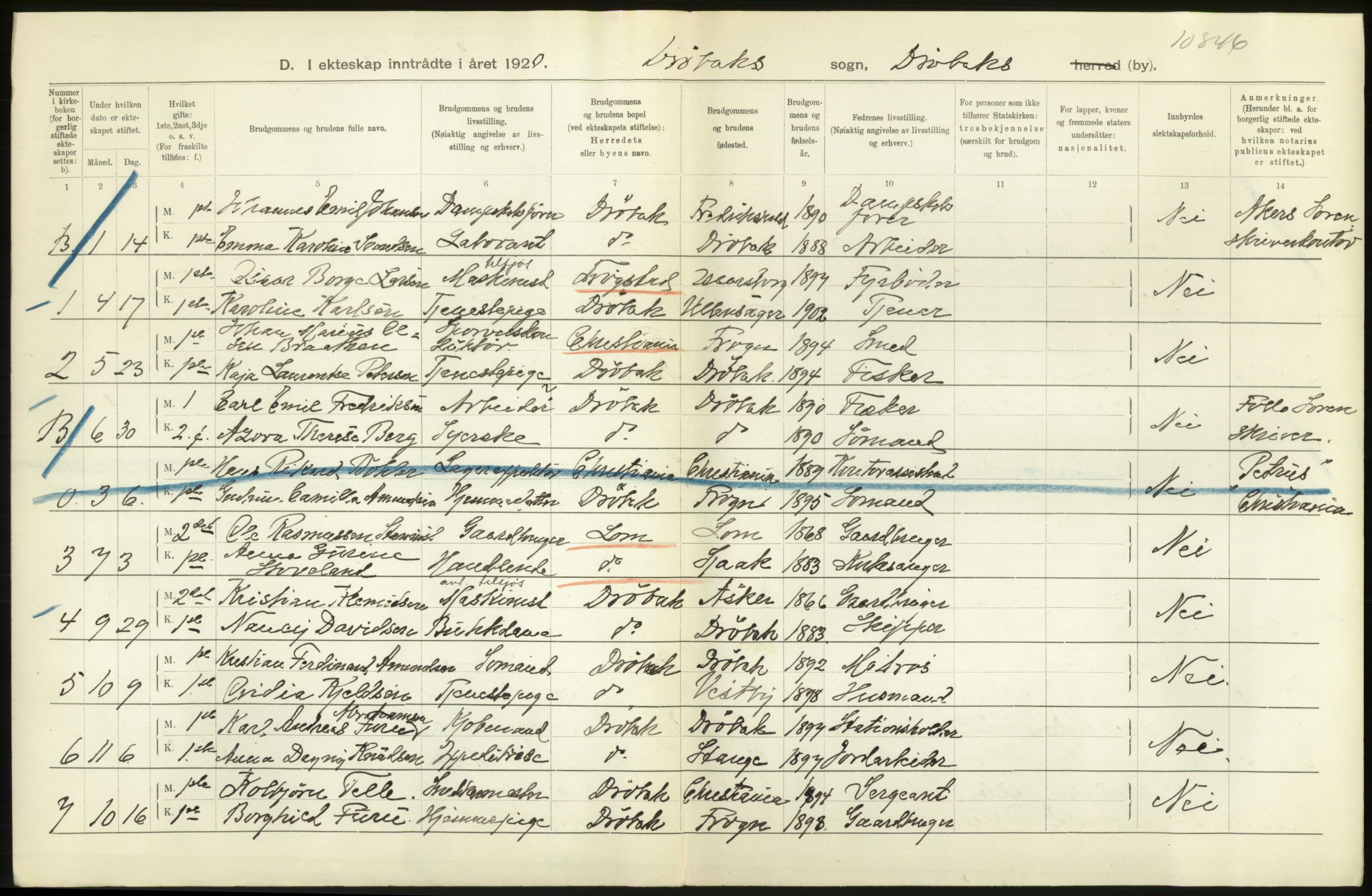 Statistisk sentralbyrå, Sosiodemografiske emner, Befolkning, RA/S-2228/D/Df/Dfb/Dfbj/L0006: Akershus fylke: Gifte, dødfødte. Bygder og byer., 1920, p. 318