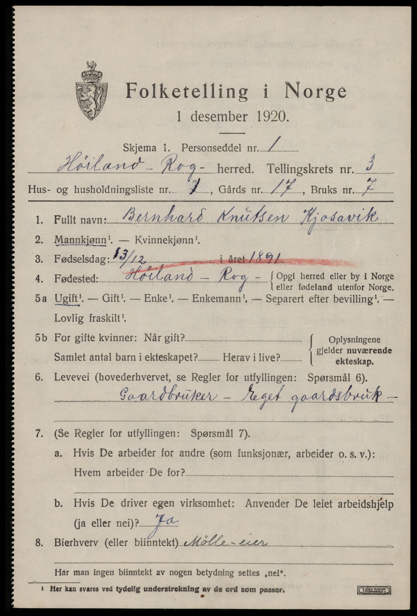 SAST, 1920 census for Høyland, 1920, p. 3014