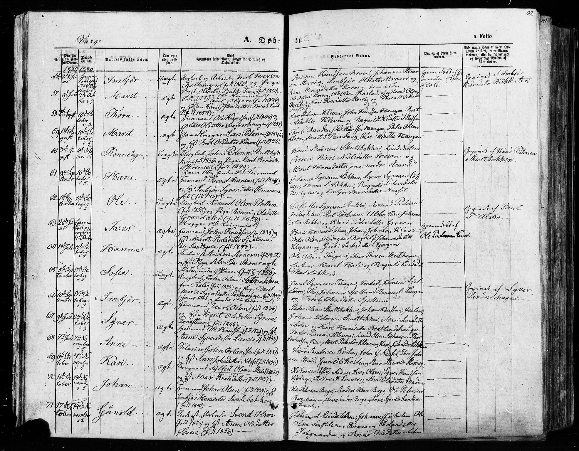 Vågå prestekontor, SAH/PREST-076/H/Ha/Haa/L0007: Parish register (official) no. 7 /1, 1872-1886, p. 38